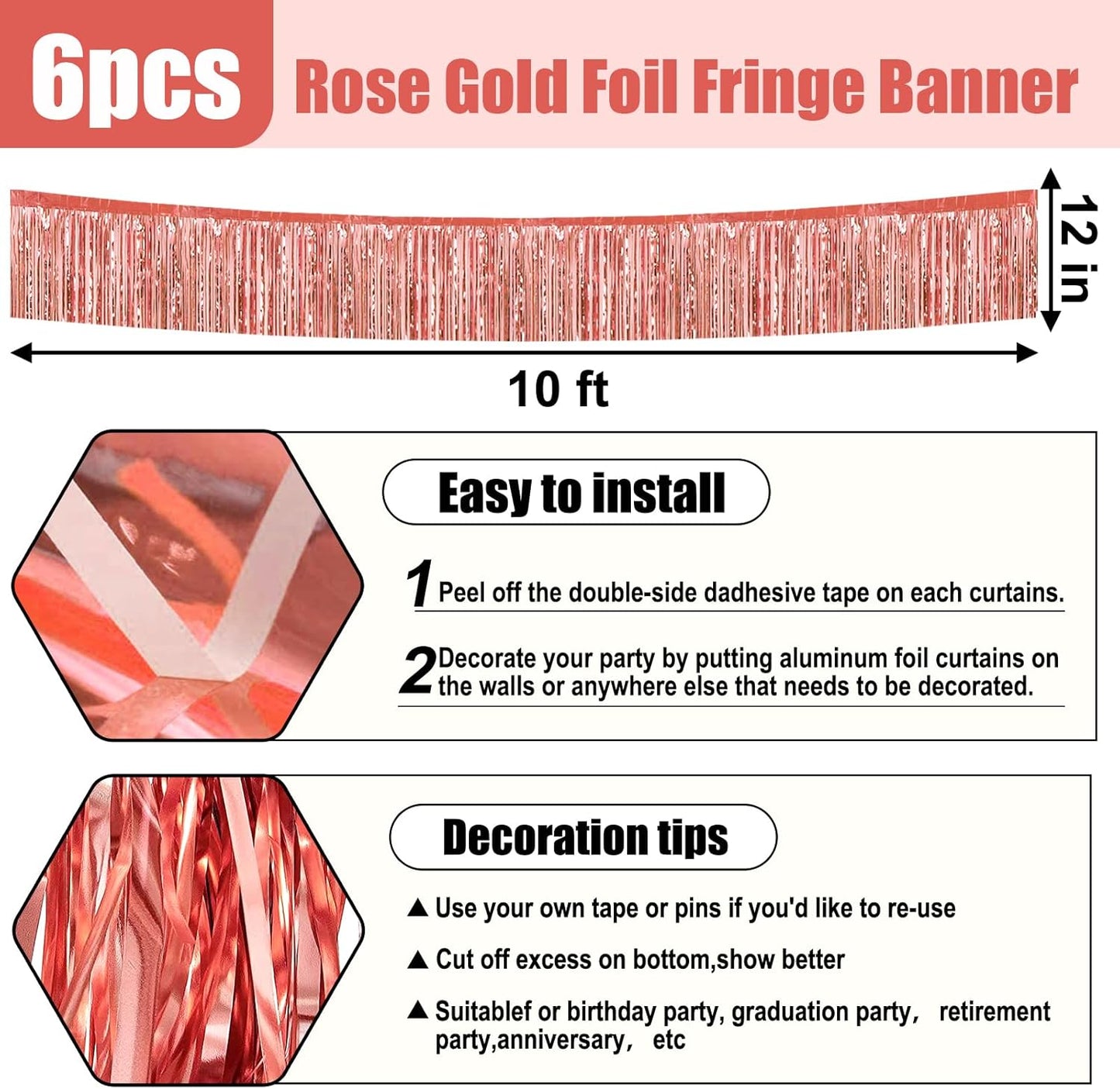 6 Pack 10 Feet Rose Gold Foil Fringe Garland Metallic Tinsel Streamers Banner Wall Hanging Curtain Backdrop for Parade Floats, Birthday, Graduate, Mother's Day, Wedding Party Decoration