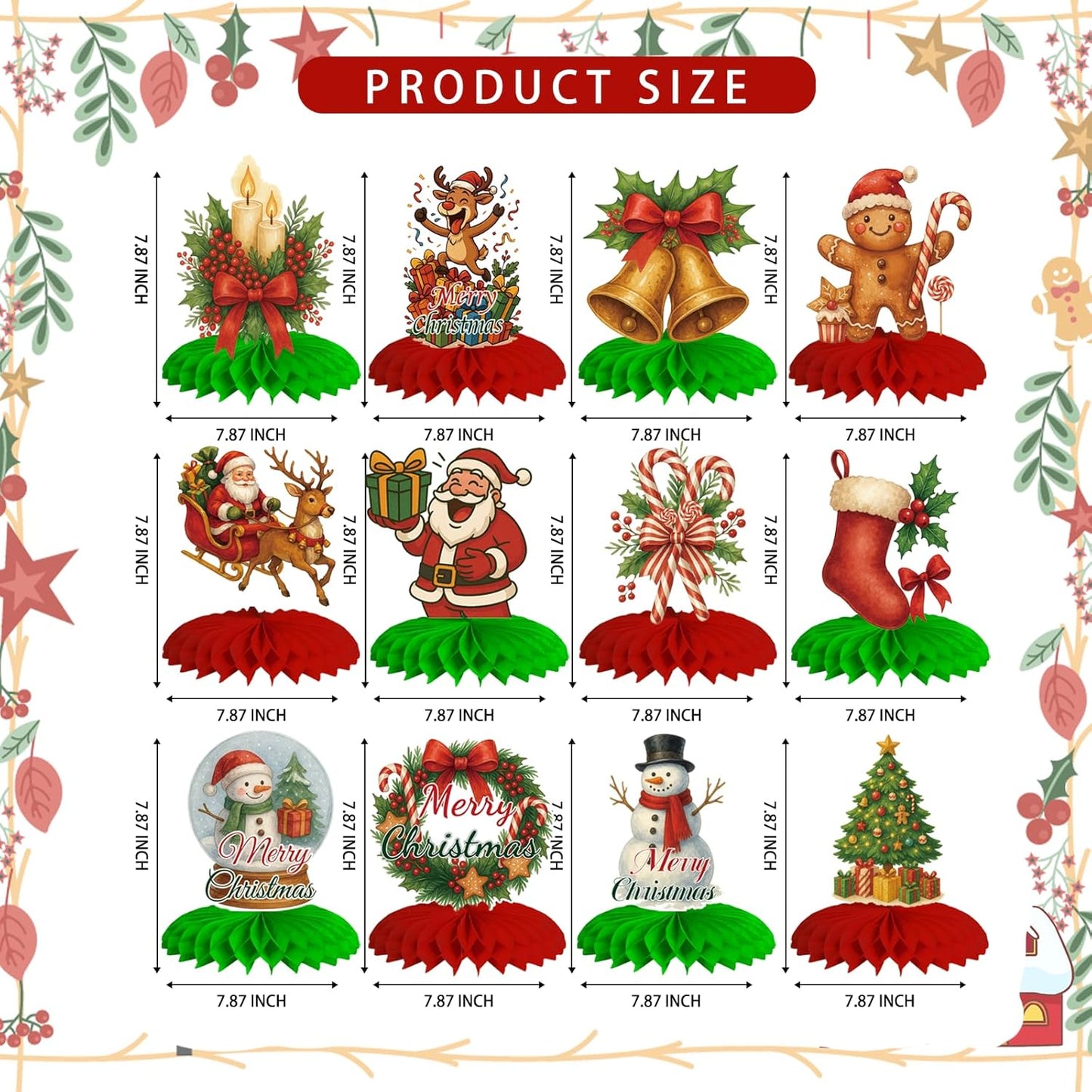 12Pcs Christmas Honeycomb Centerpieces Christmas Table Toppers Decorations Christmas Tree,Snowman,Gingerbread for Holiday Christmas Party Supplies