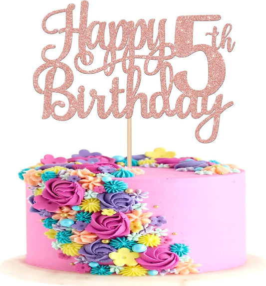 1 PCS Happy 5th Birthday Cake Topper Glitter Cheers to 5 Years Cake Pick Number 5 Fabulous Cake Decoration for 5th Birthday Theme Party Decorations Supplies Rose Gold