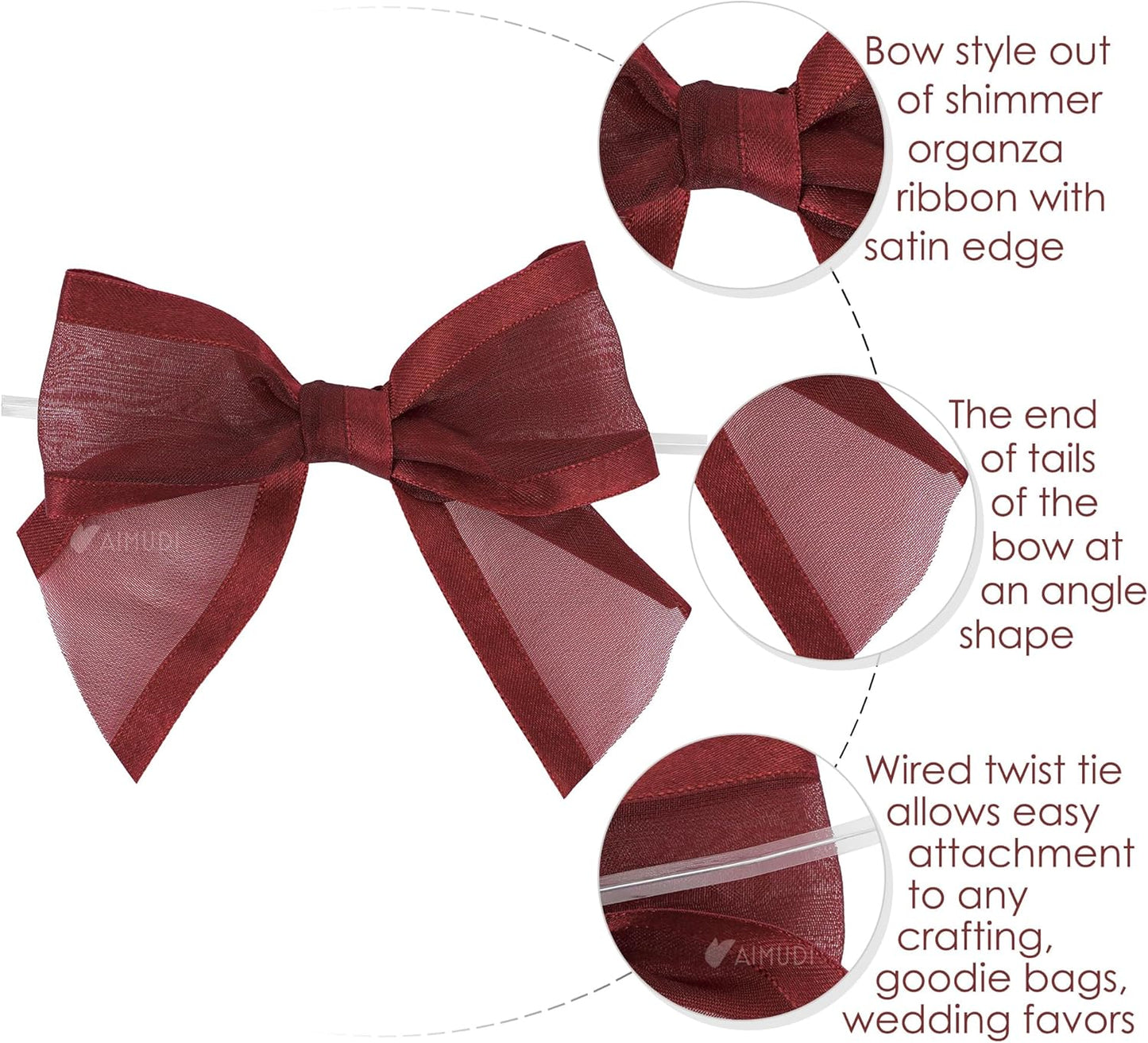 AIMUDI Burgundy Bows for Crafts 4" Organza Bows Premade Twist Ties Bows for Gift Wrapping Crafts Treat Bags Baskets Cake Pop Baby Shower Birthday Wedding Decor - 12 Counts