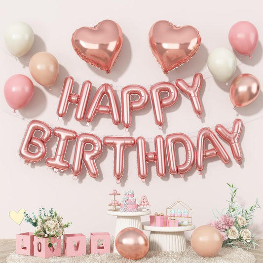 Happy Birthday Balloon Banner Rose Gold, 16 Inch Mylar Letters Rose Gold Heart Foil Balloons Dusty Blush Pink Nude Metallic Ivory Balloons Boho Neutral Birthday Decorations for Girls Women
