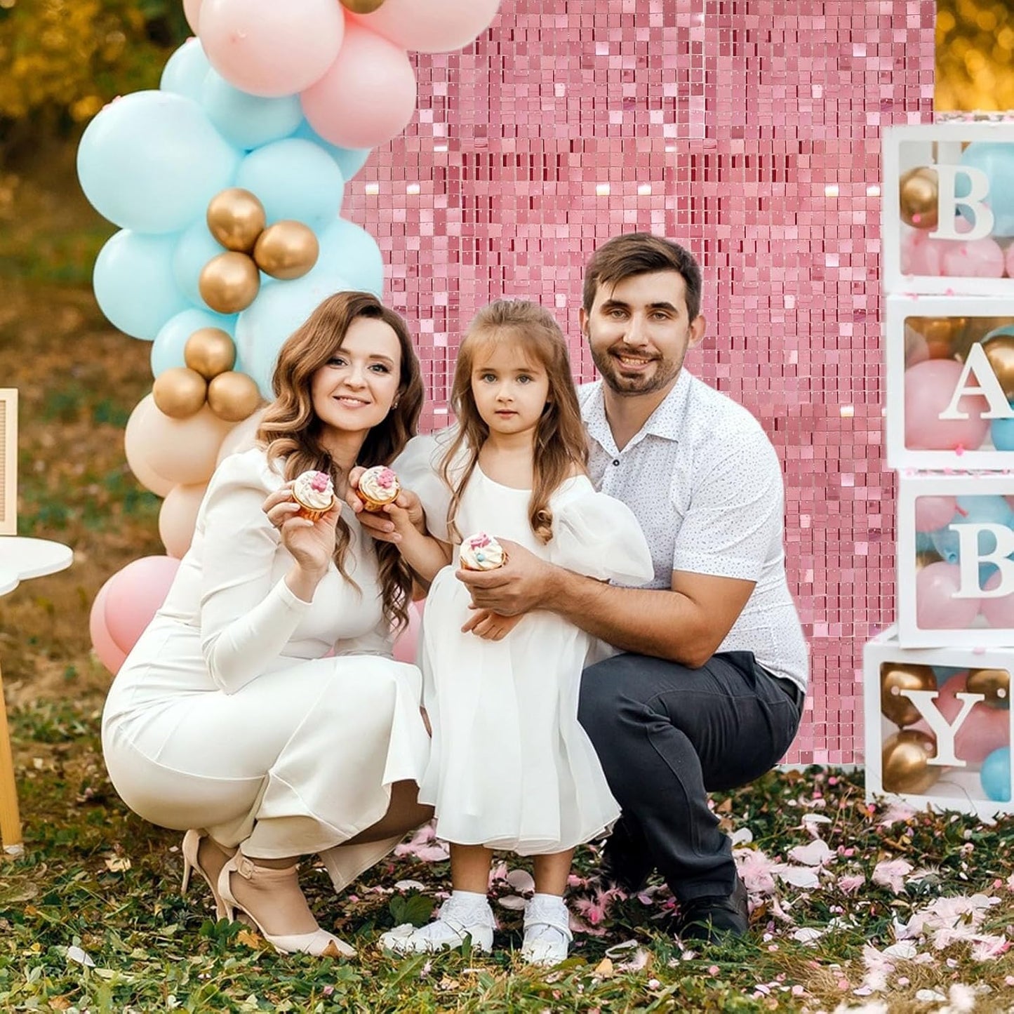 24PCS Rose Gold Shimmer Wall Backdrop, Square Sequin Backdrops Panel, Glitter Wall Background for Birthdays, Weddings, Graduation, Engagements, Disco Bachelorette Party Decoration (4FTx6FT)