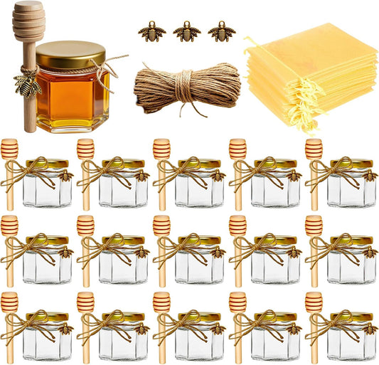 Adabocute Honey Pot 2oz, Mini Glass Honey Jars with Wood Dipper, Gold Lid, Bee Pendants, Beige Gift Bags, Thank-you Tags, Ideal for Baby Showers Favors Wedding Favors, 15 Pack