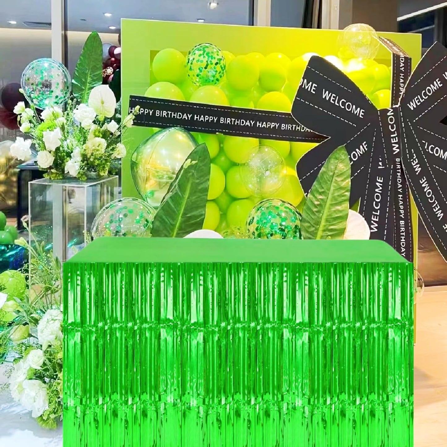 Green Streamers Party Decorations, 2 Packs Green Table Skirts Metallic Foil Fringe Tinsel for Birthday Dinosaur Animal St Patrick's Day Football Mardi Gras Graduation Party Supplies -29x108Inch