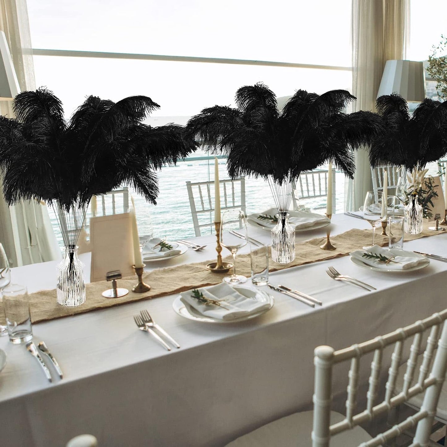 Hanaive 150 Pcs Ostrich Feathers Set Bulk Plumes 12-14 Inch (30-35cm) 70 Pcs Large Ostrich Feathers with 80 Sticks and Tape for DIY Crafts Wedding Home Party Centerpiece Decorations(Black)