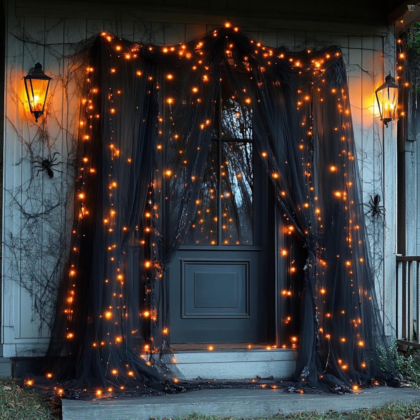 Black Tulle Backdrop Curtain with Lights String - 10x10ft Sheer Backdrop with 300 LEDs for Halloween, Wedding, Bridal Shower, Birthday Party Photo Shoot Background and Home Decorations