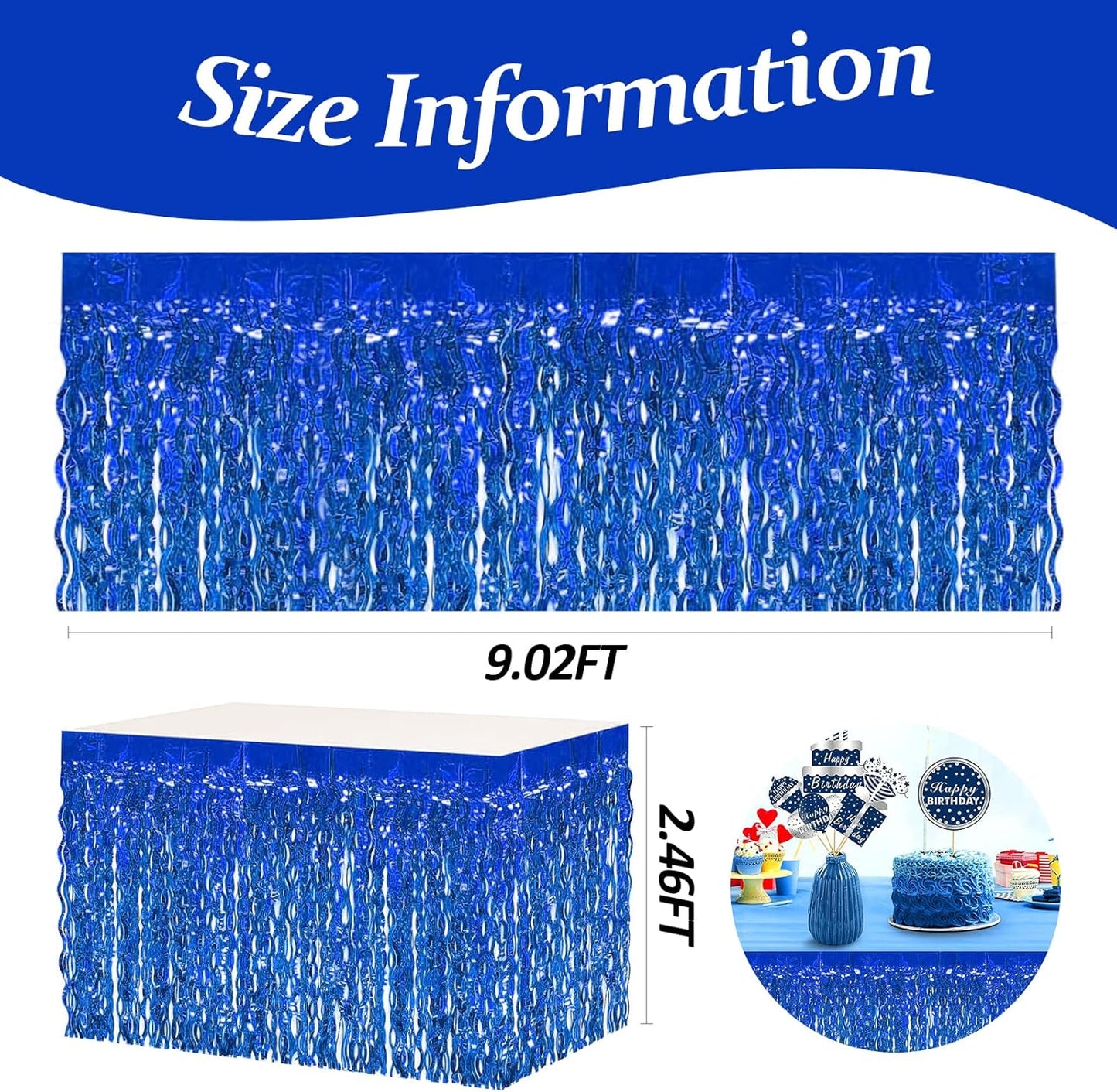 4P Wavy Metallic Tinsel Foil Fringe Table Skirts for Rectangle Tables Backdrop Garland Curtains for Parade Floats Wedding Birthday Parties Decoration Graduation 2025 Christmas (Blue)