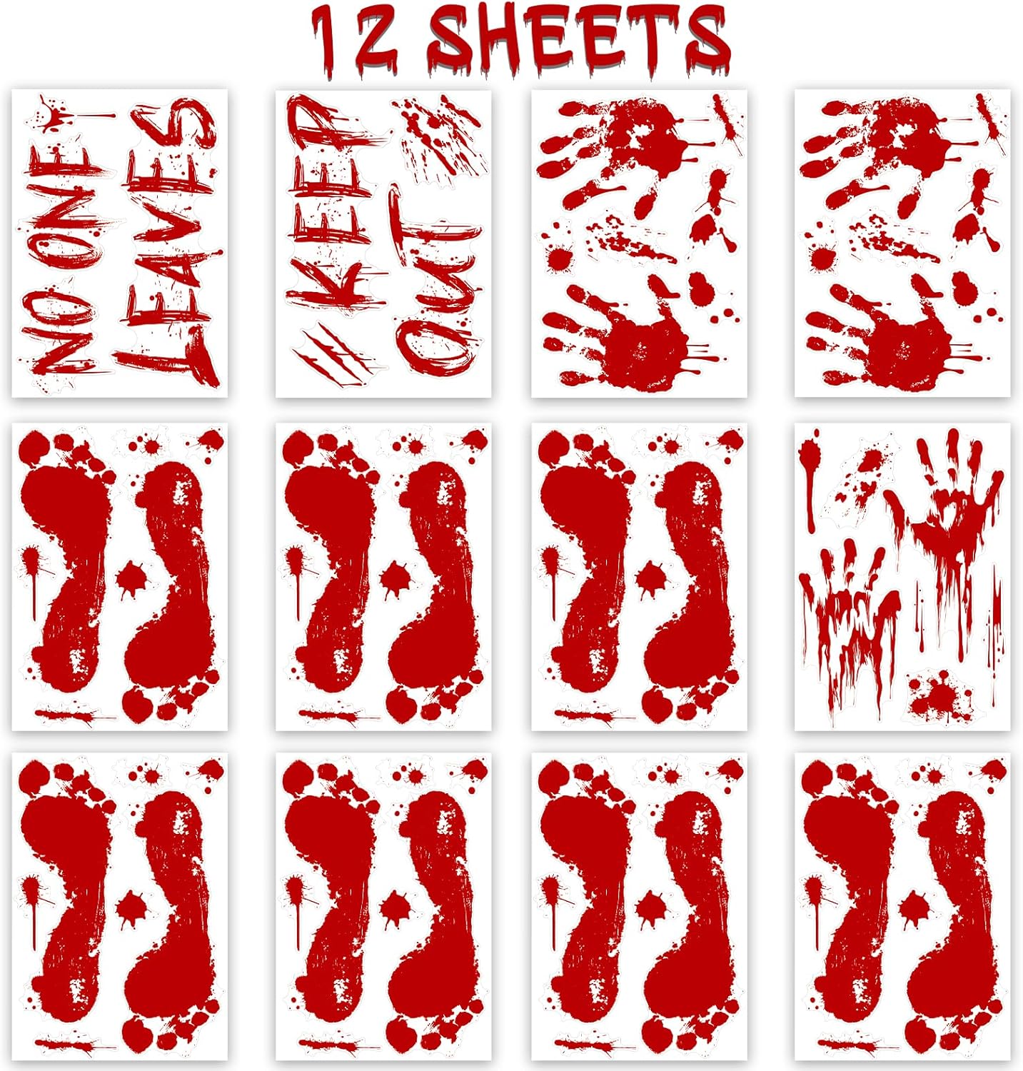Halloween Bloody-Handprint-Footprints Floor Stickers, Scary Halloween Party Indoor/Outdoor Decoration, for Windows Clings, Car - 12 Sheets