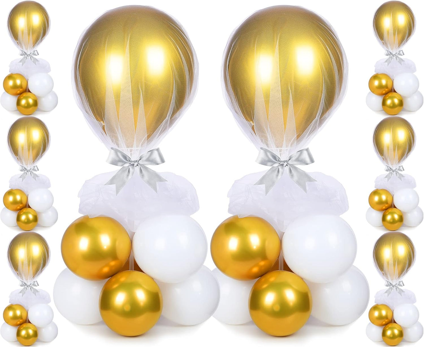 BBTO 8 Set Table Centerpieces Balloons Stand Kit, 80 Pcs Latex Balloons and Table Stand Holder with Base Tulle for Wedding Birthday Baby Shower Party(Gold and White)