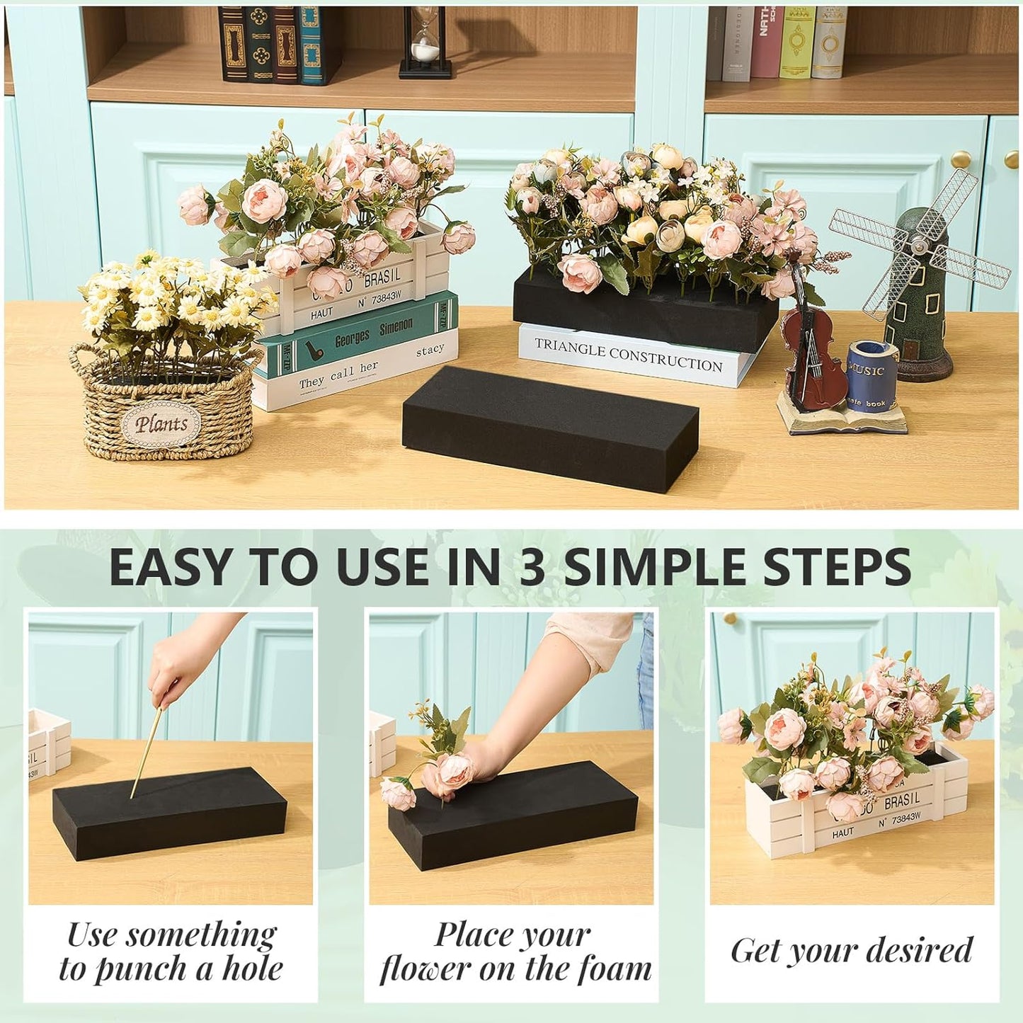 Lallisa 4 Pcs Reusable Floral Foam Blocks Water Weather Resistant Dry Floral Foam for Artificial Flower Arrangements Outdoor Flower Boxes Hanging Planters Wedding Home Decor (11.8 x 4.7 x 2'',Black)