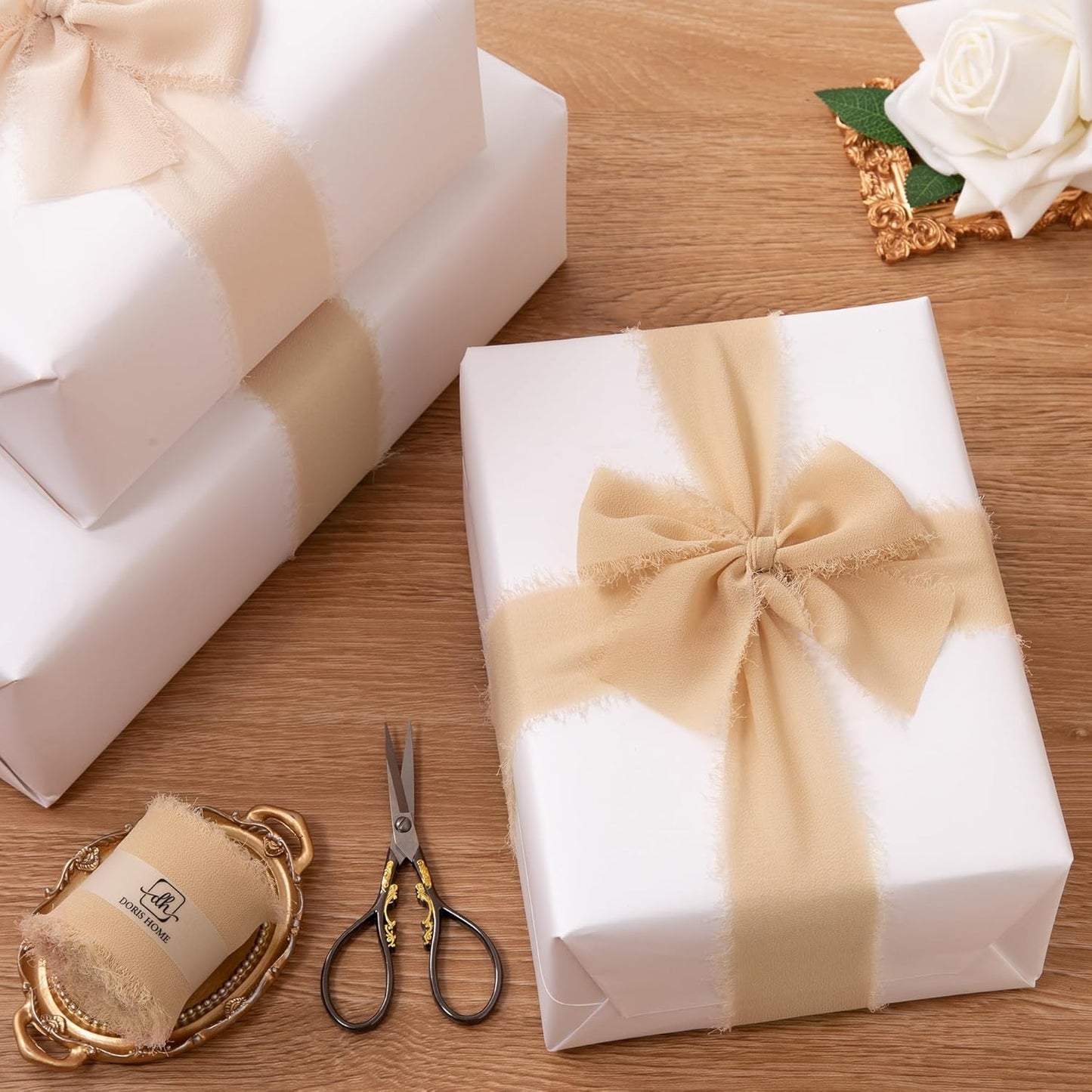 DORIS HOME Nude Chiffon Ribbon for Flower Bouquet, 2" x21Yd Fabric Ribbon for Gift Wrapping, Handmade Frayed Ribbon for Wedding/Christmas Decorations