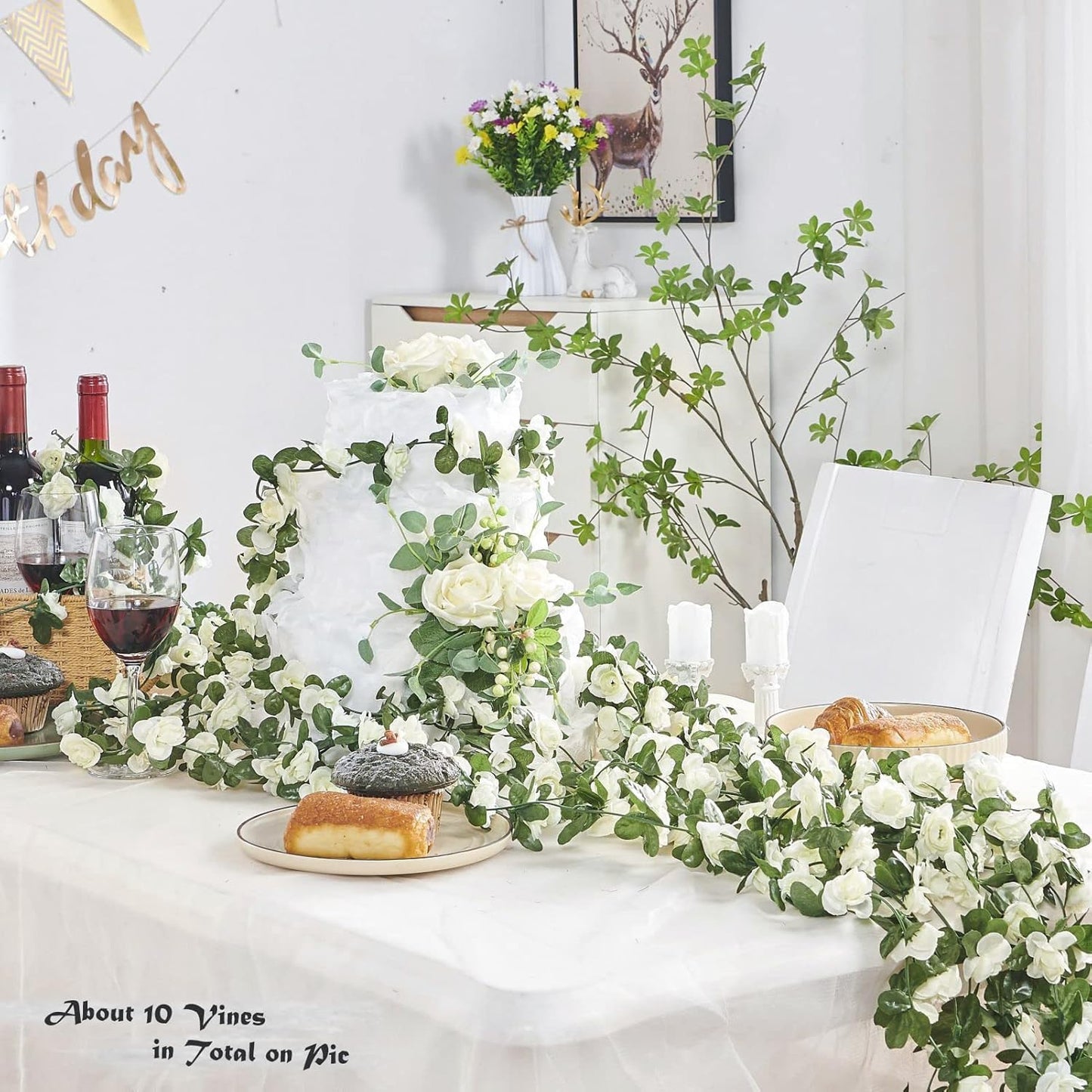 8 Pcs x 8.2 ft Flower Garland Artificial Rose Vine Flowers with Green Leaves Hanging Fake Roses Vine for Room Party Home Wedding Birthday Christmas Wall Arch Decor, Spring White Flower