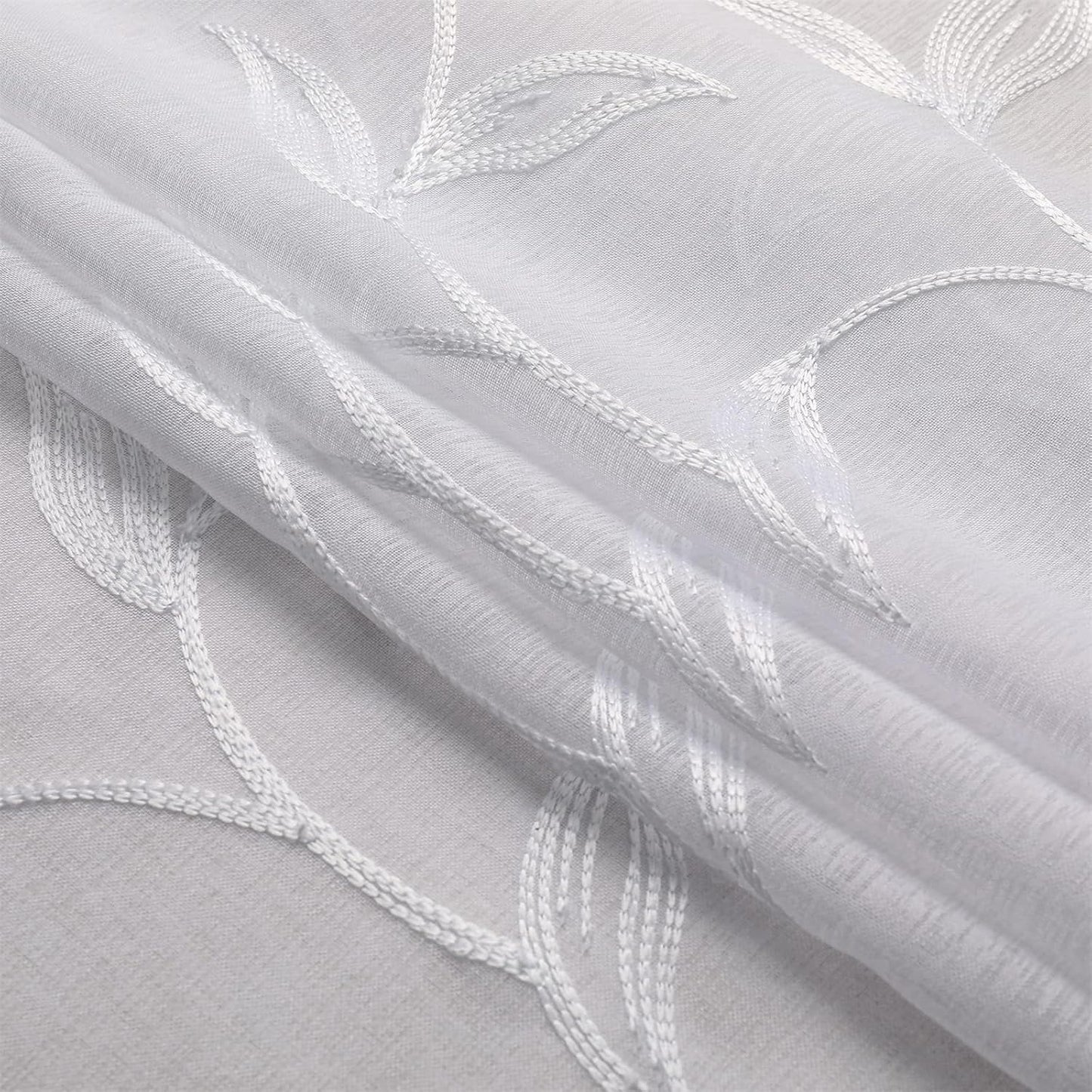 VISIONTEX Sheer Curtains 54 inch Length 2 Panels Set, White Voile Crushed Vine Leaves Embroidery, Rod Pocket Embroidered Window Drapes for Living Room and Bedroom, 54" x 54"