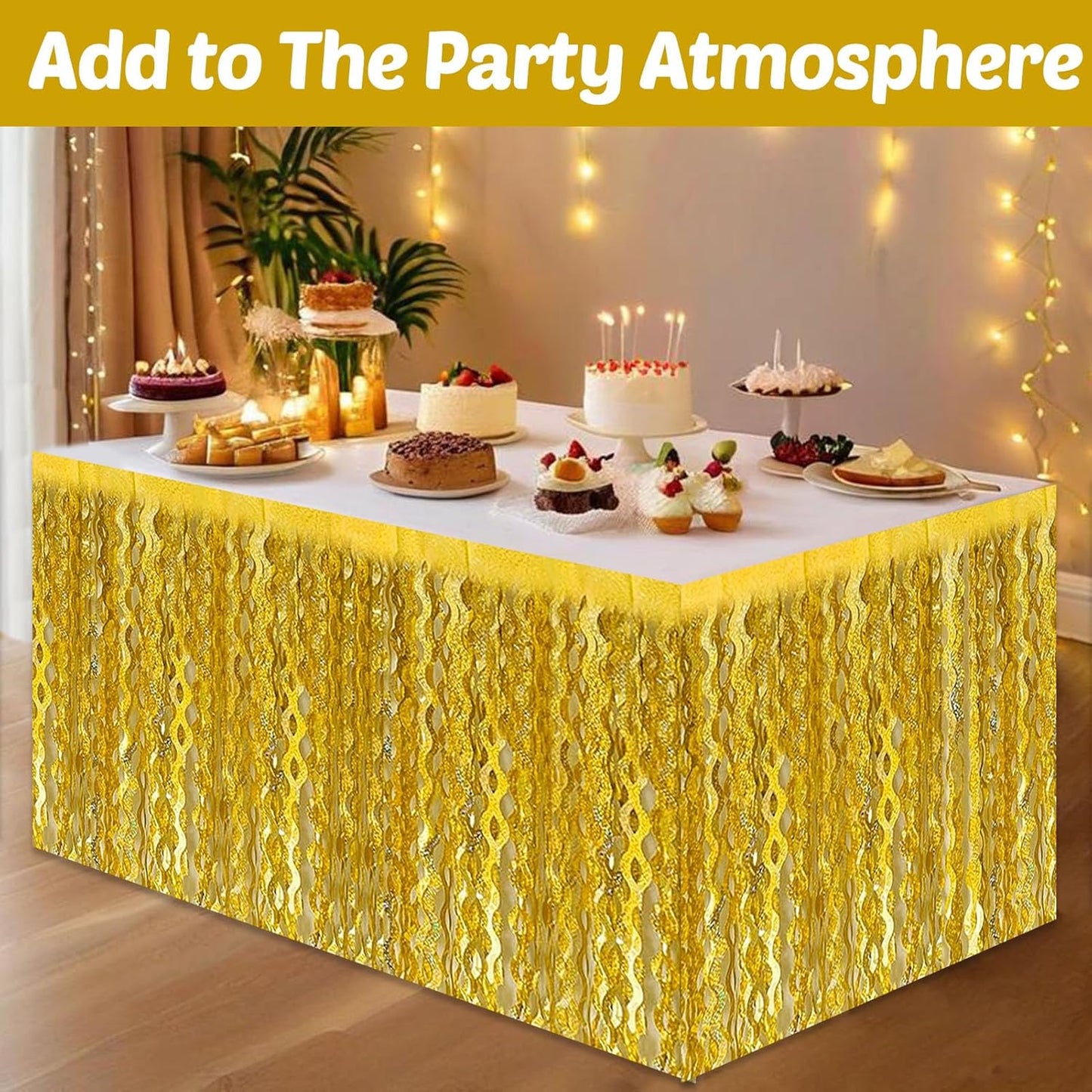 6 Pack 29x108 Inch Gold Wave Foil Fringe Table Skirts Metallic Banner for Tinsel Streamer Garland Backdrop for Parade Floats Mother's, Graduate, Mardi Gras, Birthday, Wedding Party Decorations