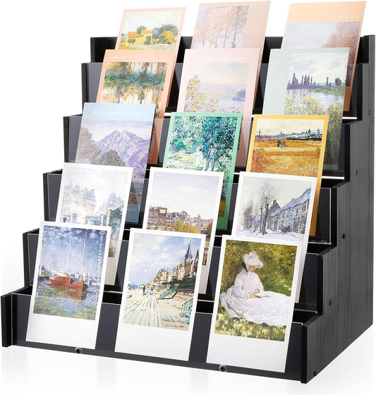 5 Tier Greeting Card Display Stand Black Bamboo and Acrylic Sticker Display Stand Trading Card Holder Retail Photos Shelf for Vendors Craft Collection & Show