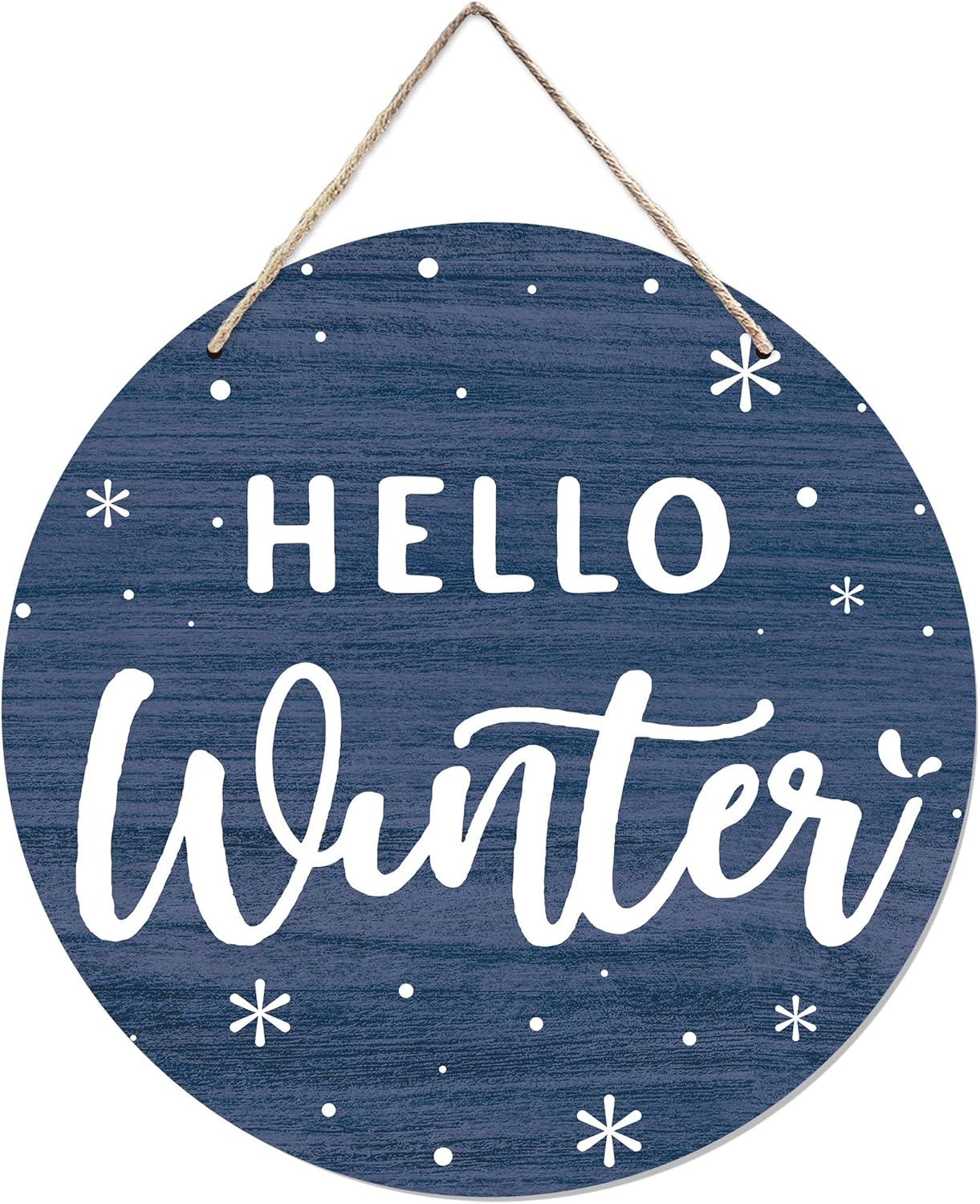 CGBHW Hello Winter Wooden Sign, Navy Blue Holiday Snowflake Hanging Sign Wall Decor for Room Home, Winter Wonderland Snowy Christmas Door Decor 12 x 6 Inch