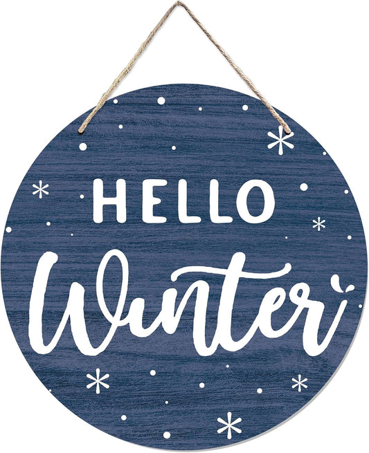 CGBHW Hello Winter Wooden Sign, Navy Blue Holiday Snowflake Hanging Sign Wall Decor for Room Home, Winter Wonderland Snowy Christmas Door Decor 12 x 6 Inch