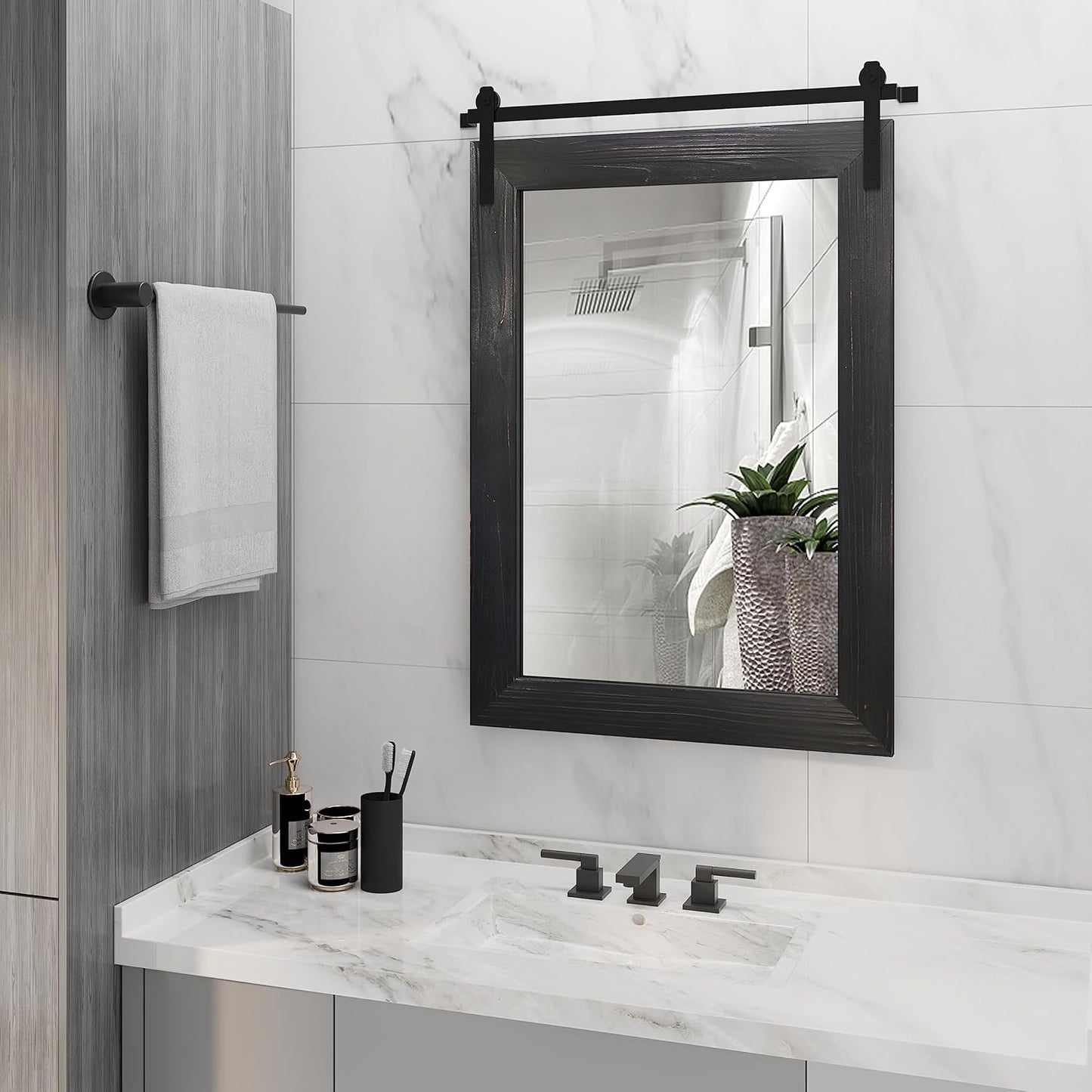 COGOOD Farmhouse Barn Door Mirror - 38 X 25 Rustic Bathroom Mirror for Living Room, Entryway, Vanity Wall Decor (Black)