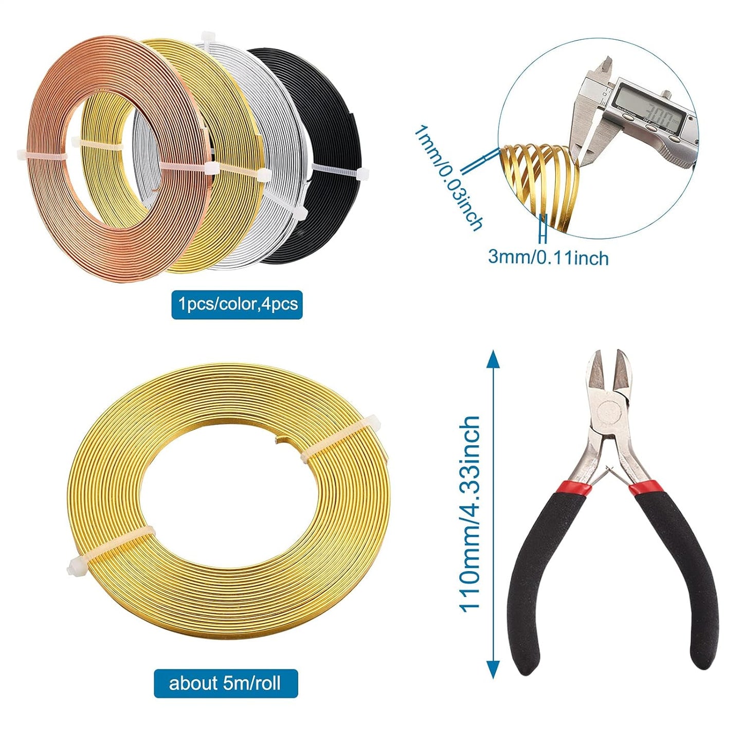 Fashewelry 65Ft 4 Colors Aluminum Flat Wire 3mm Wide Bendable Metal Craft Wire Strip 18 Gauge with Side Cutting Plier for Bezel Sculpting Armature Jewelry Making Gem Metal Wrap