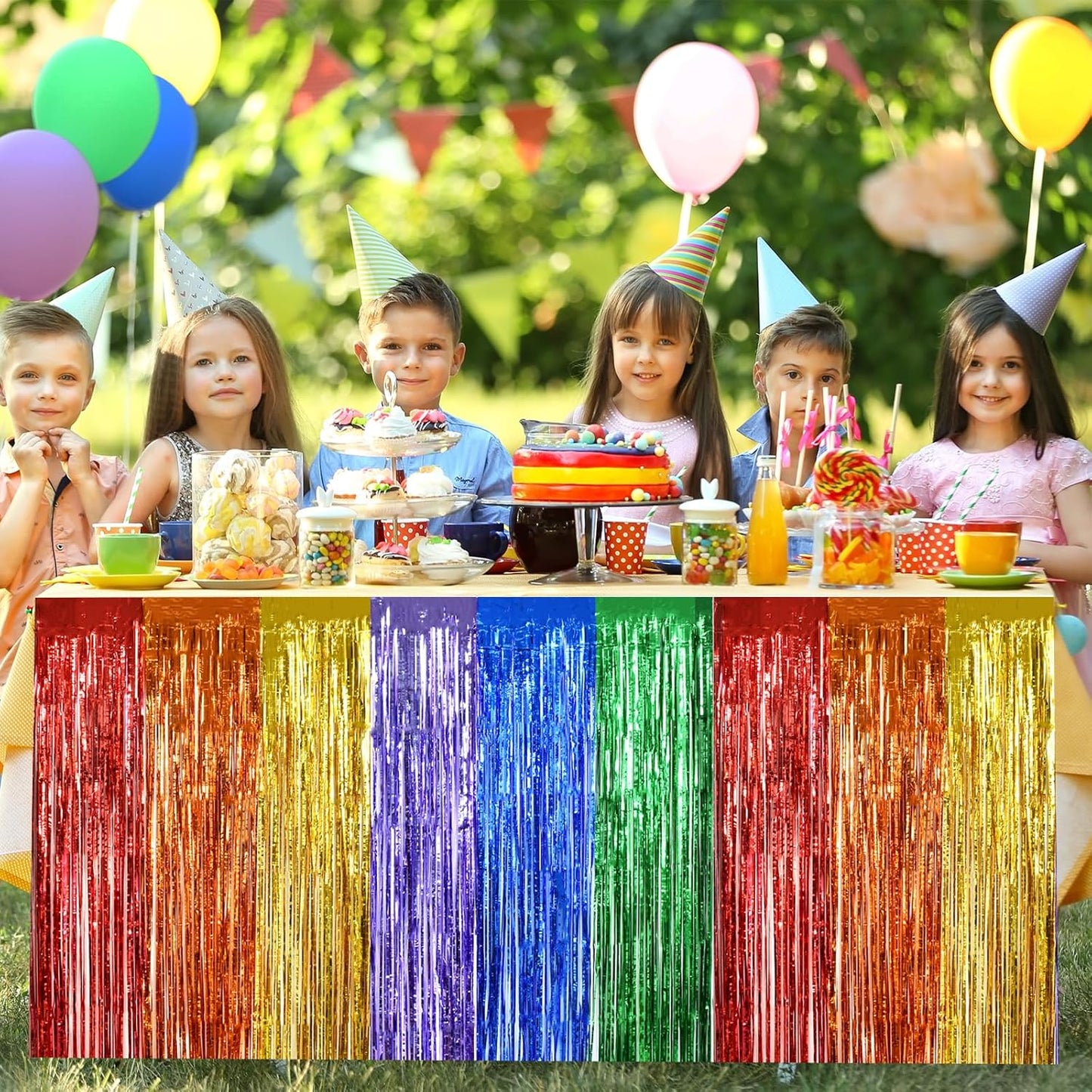 BEISHIDA 2 Pack Rainbow Metallic Tinsel Foil Fringe Table Skirts for Rectangle and Round Tables - Kids' Birthday, Baby Shower, Holiday Party Decor