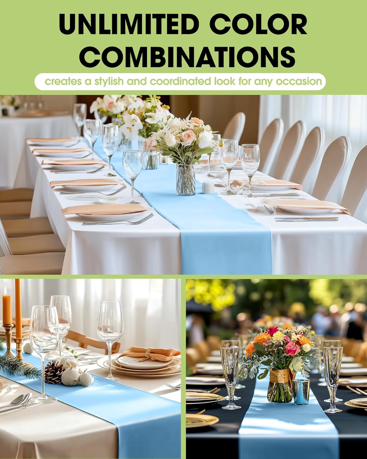 Pureegg Light Blue Plastic Table Runners - 10 Pack, 14'' x 108'', Water Resistant & Disposable Centerpiece Decorations for Table Cloth, Wedding, Birthday, Holiday, Baby Shower, Party, Home Decor