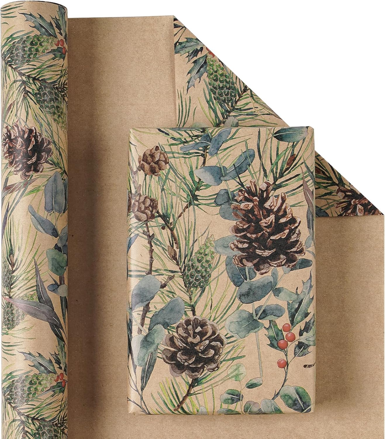 RUSPEPA 30" X 100' Kraft Christmas Wrapping Large Paper Roll, Jumbo Roll, Watercolor Pinecone and Eucalyptus Leaf Design, Kraft Gift Wrap for Christmas, Winter Holiday Party, Rustic Natural Theme