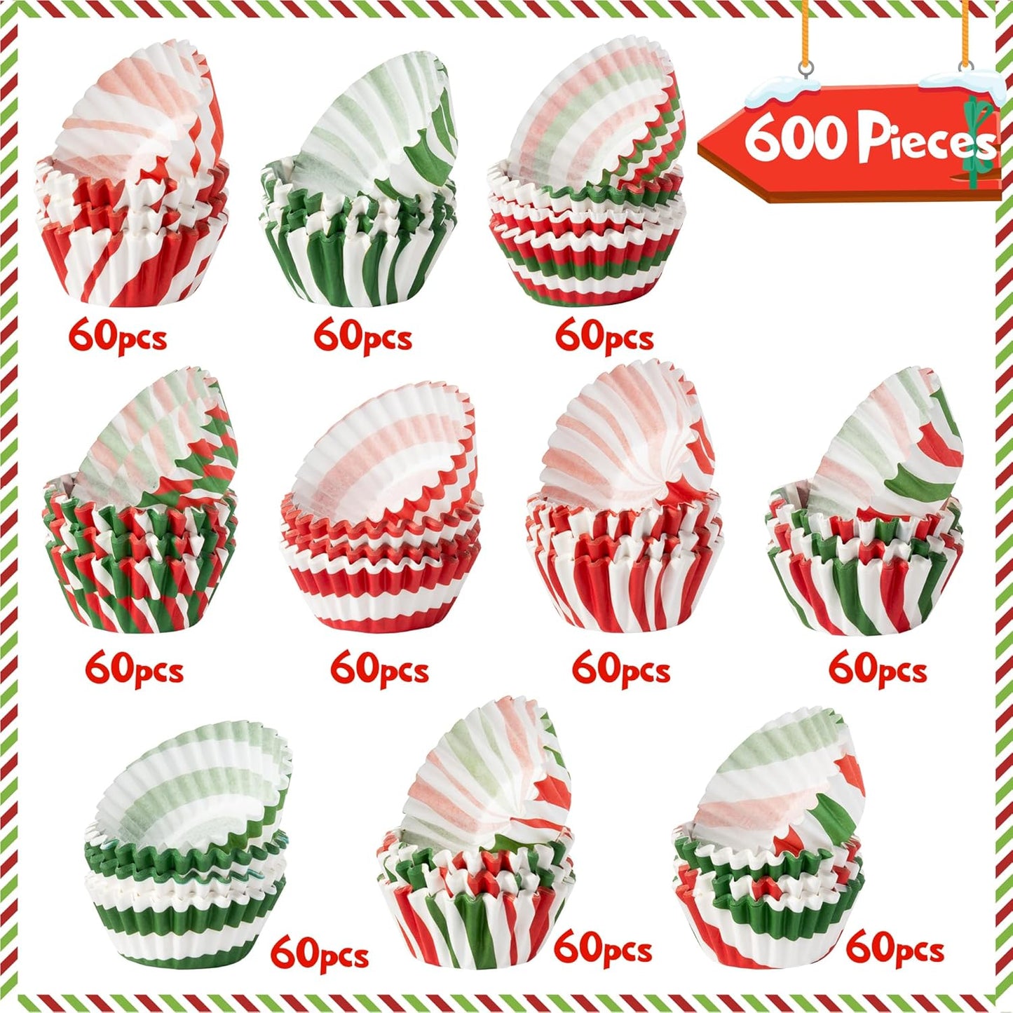 COcnny Christmas Mini Cupcake Liners - 600pcs Merry Christmas Candy Baking Cups Muffin Cupcakes Wrappers, Xmas Tree Santa Disposable Chocolate Cake Wrap Making Supplies for Xmas Eve Party (10 Styles)