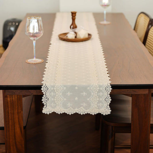 Inicia Cotton Lace Table Runner 12 × 86 inch Embroidered for Easter Holiday Wedding Picnic Daily Dining Tables White Decor (Cotton, 12"×86" (31cm×220cm))
