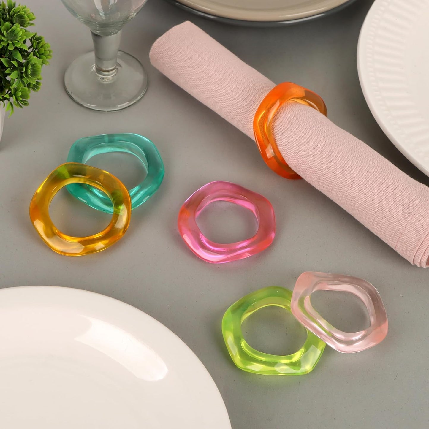 Epoxy Resin Spring Napkin Rings Set of 12 - Irregular Napkin Holders for Dining Table, Party Decor, Weddings, Everyday Use, Elegant Tabletop Accents (Multi Pastel) - CLEENTABLE