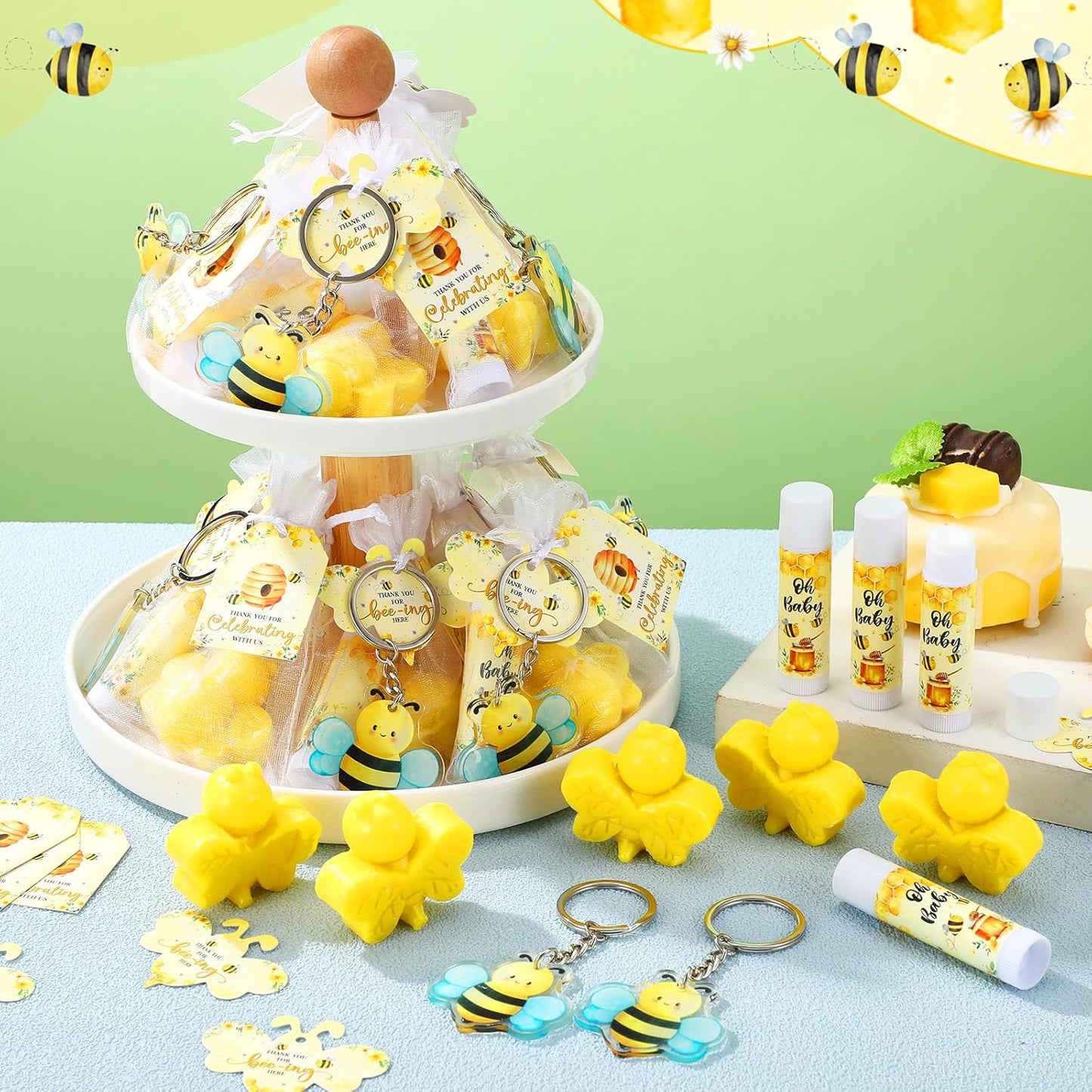 288 Baby Shower Favors Baby Shower Gifts Bulk Lip Balms Soaps Keychains Organza Bags Guest Appreciation Gift with Thank You Tags and Cards for Boys Girls Guest Gift(Yellow,Bee)