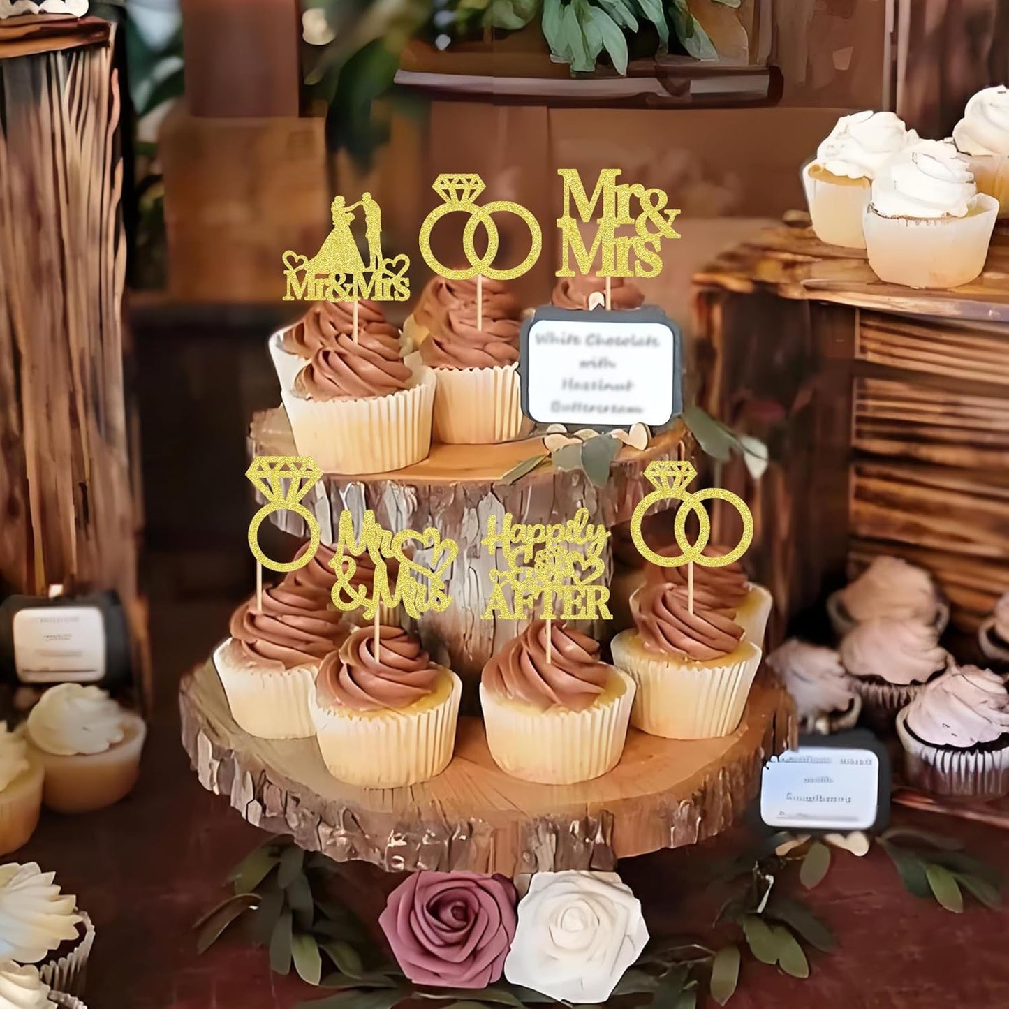 24 PCS Mr & Mrs Cupcake Toppers Wedding Engagement Party Picks Bridal Shower Anniversary Party Cake Decorations Supplies