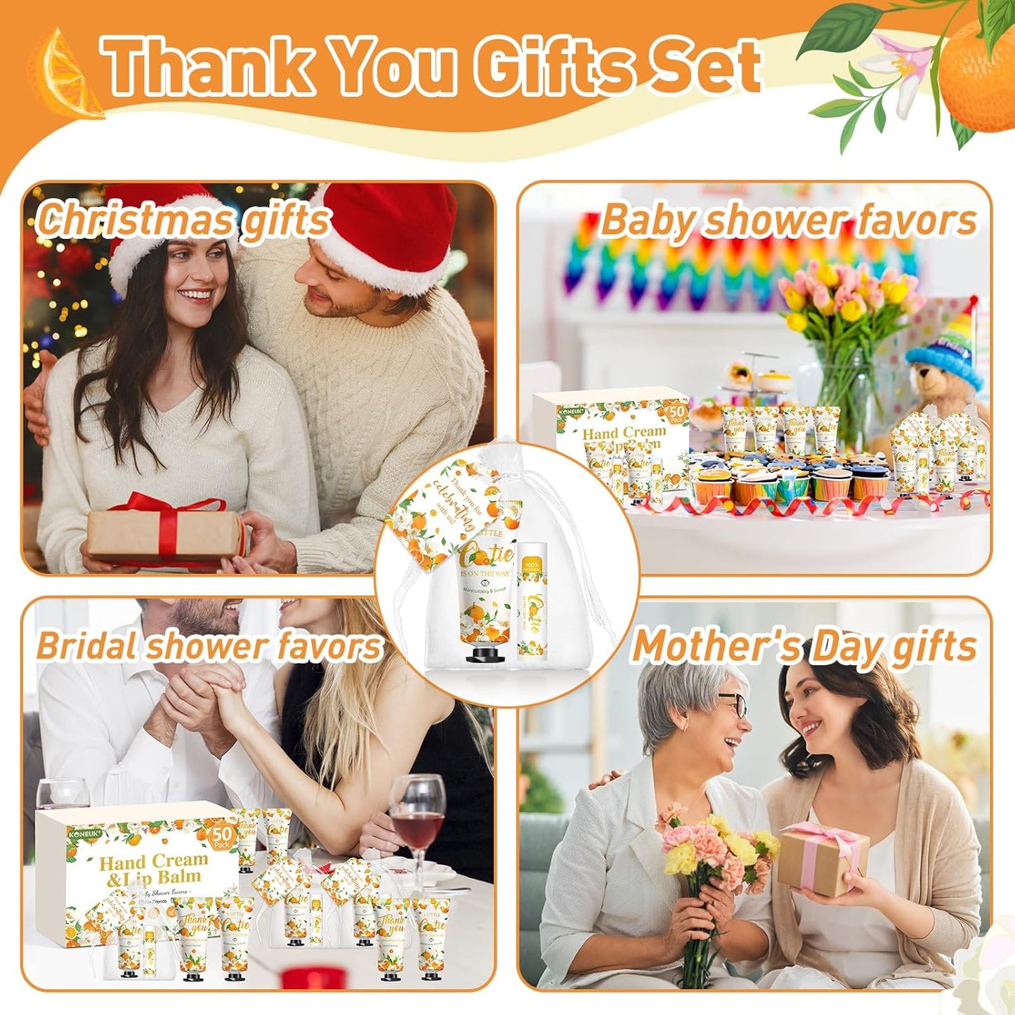 50 Pack Bulk Hand Cream and Bulk Lip Balm Gifts Sets, Bridal Shower Favors and Baby Shower Favors for Guests with Thank You Card and Organza Gift Bags, Appreciation Gifts, Baby Shower Prizes (Orange)