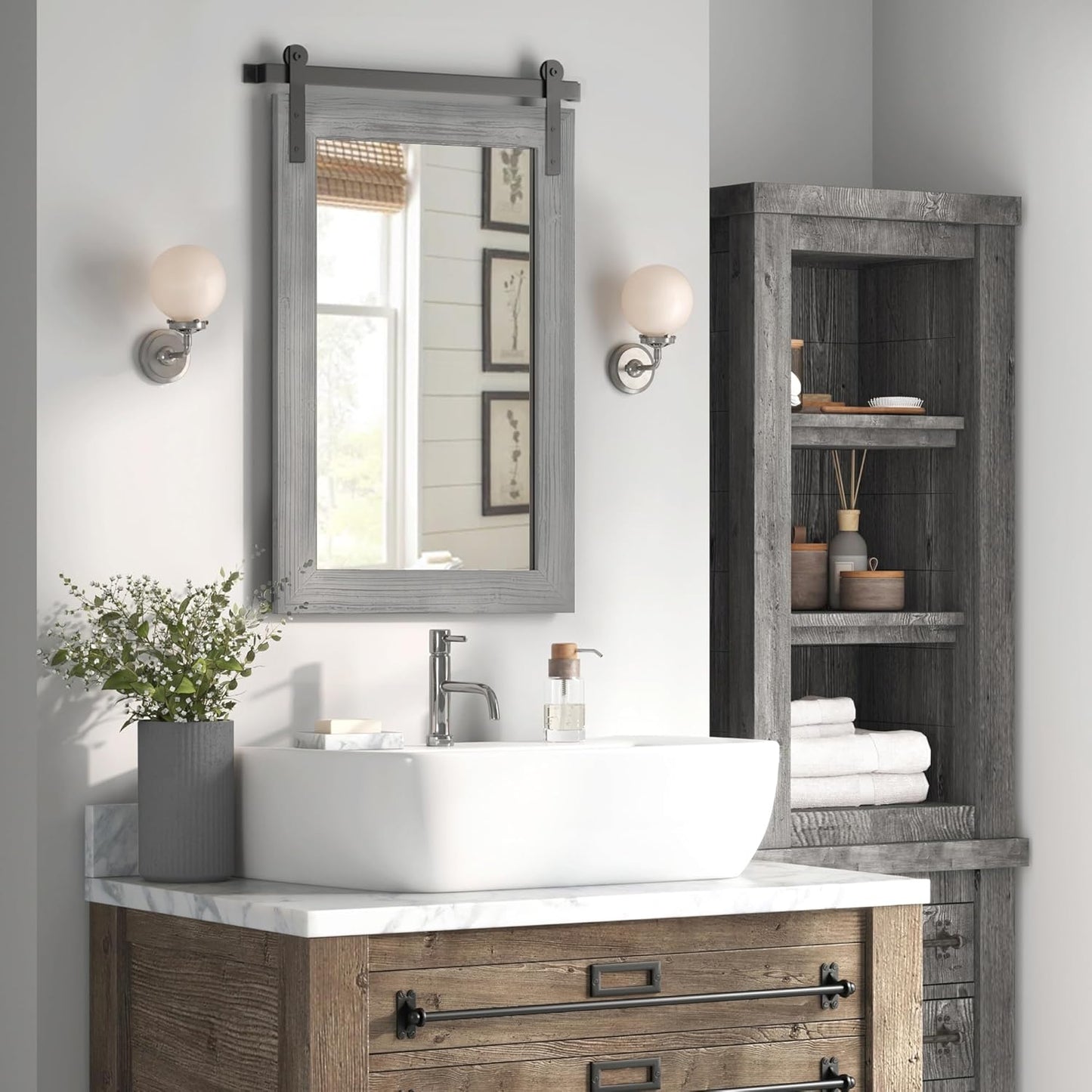 COGOOD Farmhouse Bathroom Mirror - 42 x 29 Rustic Barn Door Style Mirror for Living Room, Entryway, Vanity Wall Decor (Grey)