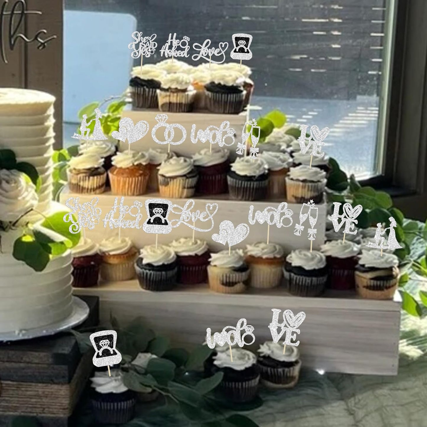 Ephlyn 30Pcs He Asked She Said Yes Cupcake Toppers Glitter Engagement Cupcake Toppers Diamond Ring Heart Love I Do Cupcake Picks for Engagement Wedding Party Cake Decorations Silver