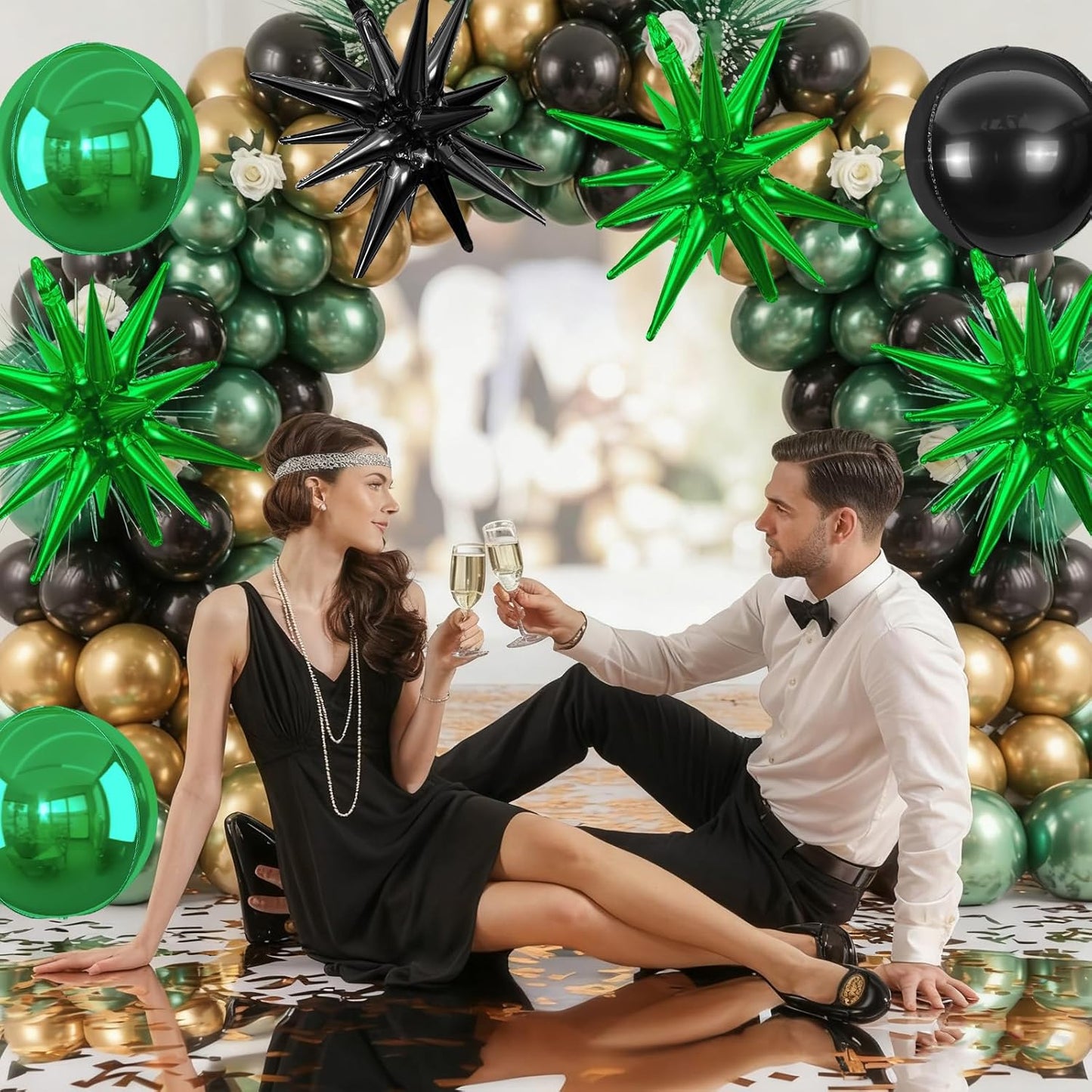 6Pcs Black Green Foil Balloons,22Inch Black Green 4D Round Ball Balloon and Explosion Star Balloon for Birthday Wedding Baby Shower Anniversary Party Decorations