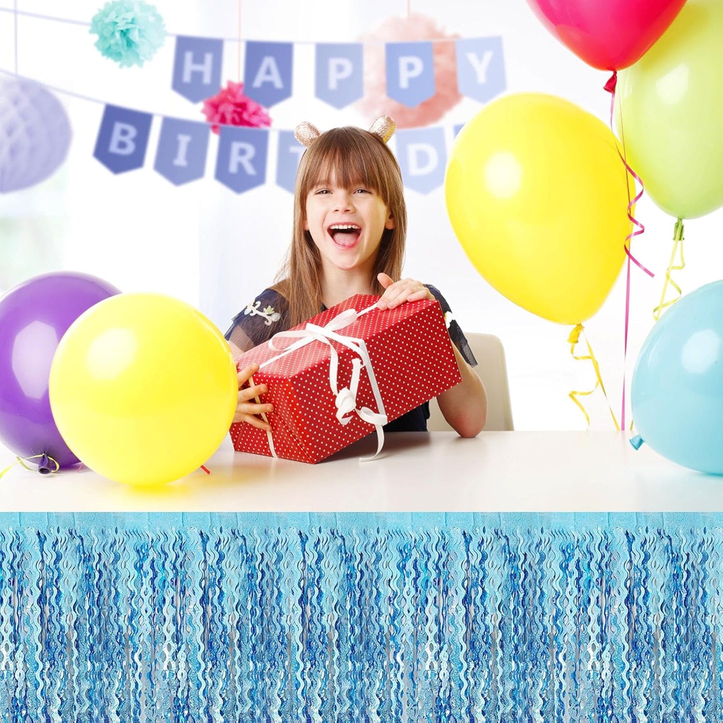 6Pack 29 x108 Inch Light Blue Wave Foil Fringe Table Skirts Metallic Banner for Tinsel Streamer Garland Backdrop for Parade Floats, Mother's Day, Easter, Graduate, Birthday, Wedding Party Decoration