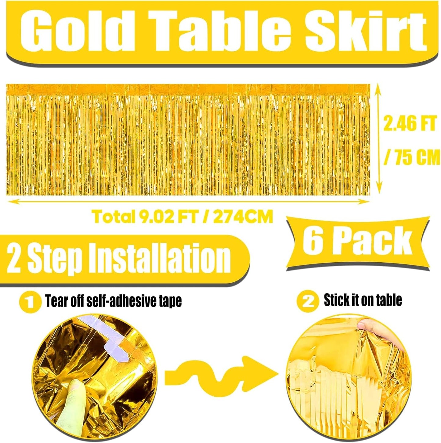6 Pack 29x108 Inch Metallic Foil Fringe Tinsel Table Skirts Banner for Rectangle Tables Streamer Garland Curtains Backdrop for Wedding, Birthday, Parade Floats, Christmas Party Decoration(New Gold)