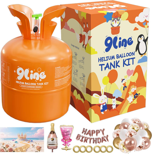 9Line 13L Helium Tank Up To 50 Latex Balloons,Helium Tank For Balloons At Home,50 12-Inch Rose&Gold Latex Balloons, 15 Foil Balloons, 1 5.9X3.6Ft Backdrop, 8 Accessory Tools