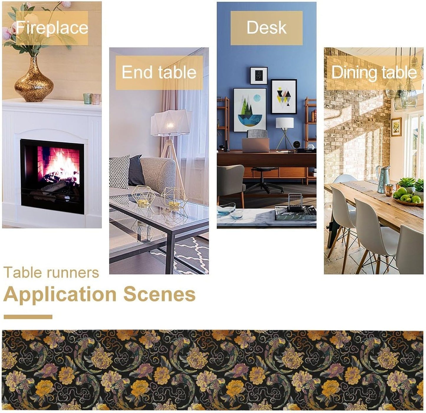 Japanese Table Runner Retro Flowers Oriental Tradition Kio Fish Art Printed Burlap Runner Home Kitchen Dining Table Living Room Decor Fabric 1 Panel W13xL90in