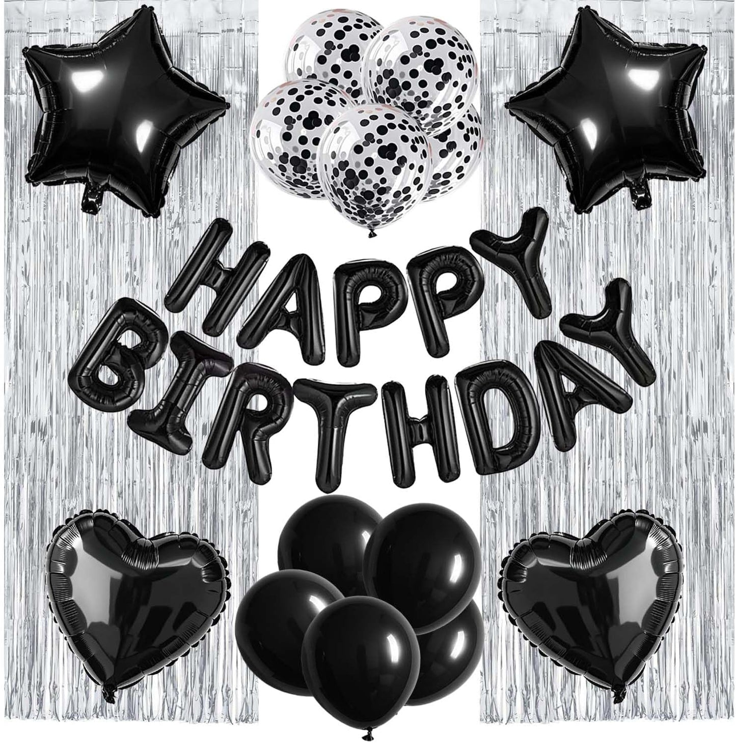 29 Pcs Black Silver Birthday Party Decorations - Happy Birthday Balloons Banner, Heart & Star Foil Balloons, Confetti & Latex Balloons, Foil Fringe Curtains Party Supplies for Men