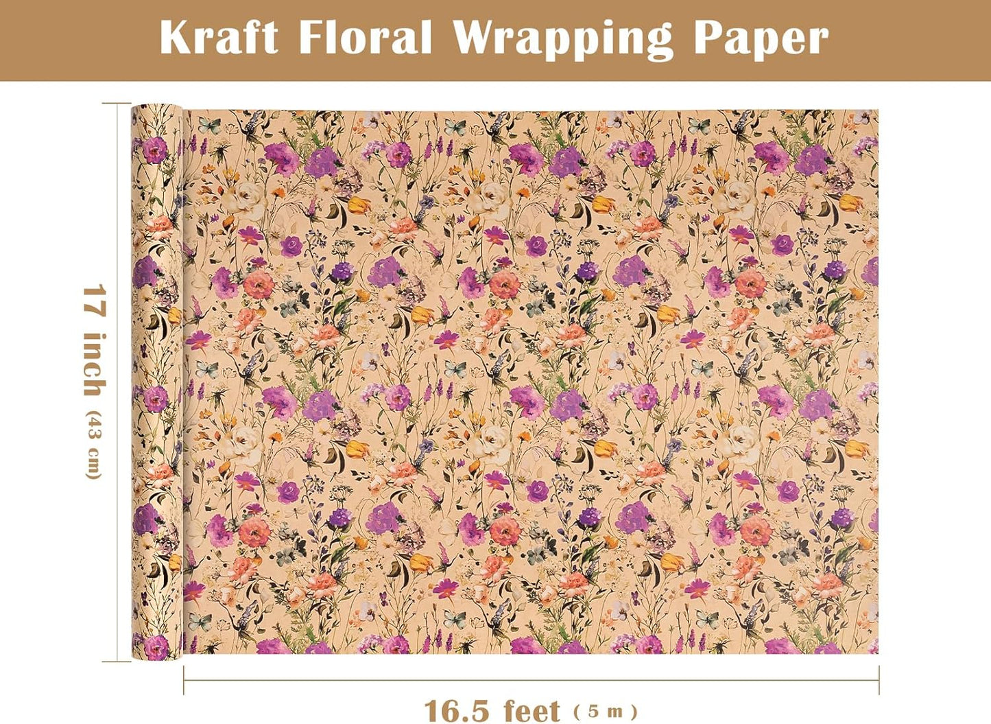 WRAPAHOLIC Kraft Floral Wrapping Paper Roll - Mini Roll - 17 Inch x 16.5 Feet - Garden Wildflower Wrapping Paper Perfect for Girls Women Birthday, Wedding, Bridal Shower