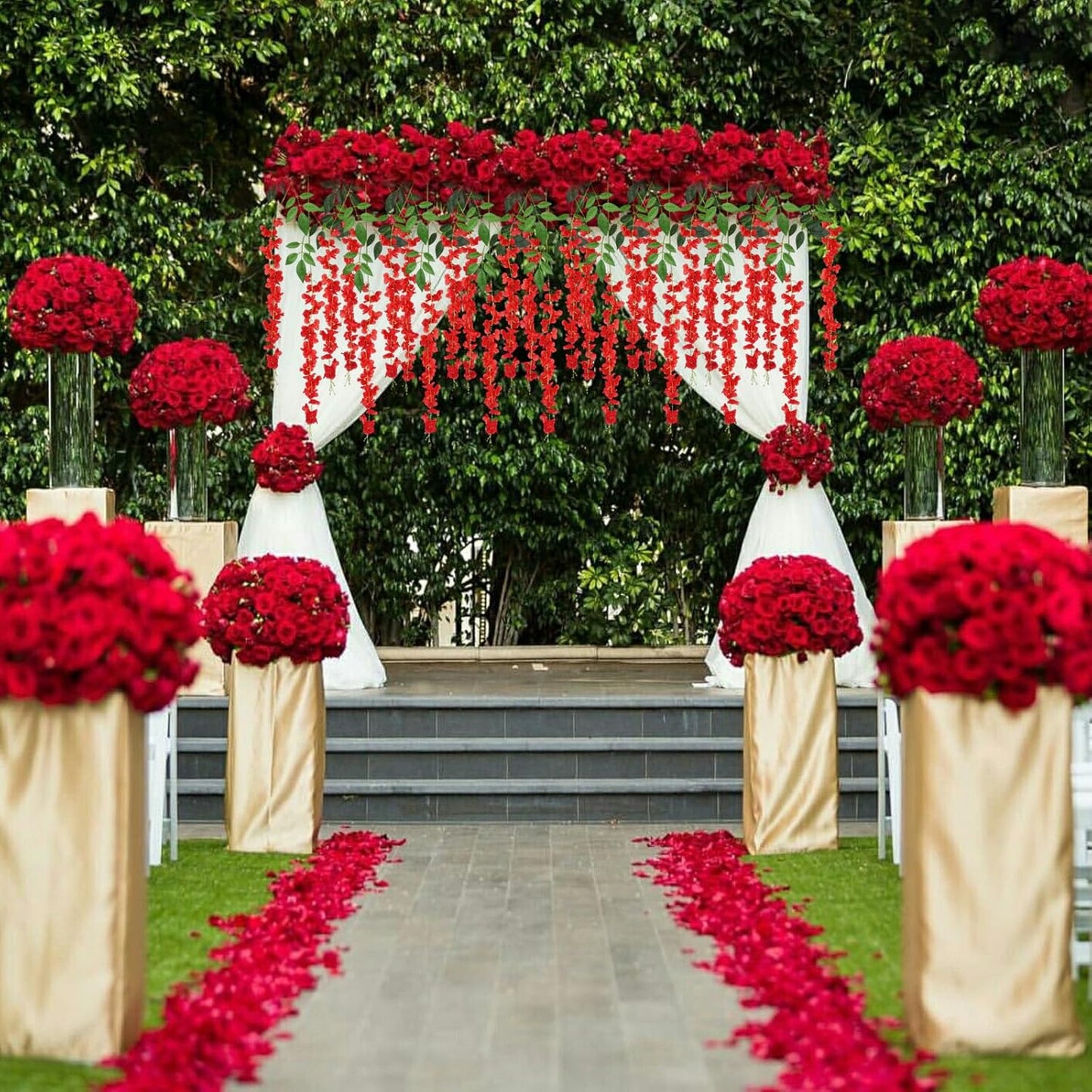 5 Pack Red Wisteria Hanging Flowers, 3.44 Ft Fake Hanging Flowers, Artificial Wisteria Garland Vines for Wedding Room Backdrop Outdoor Patio Garden Decoration