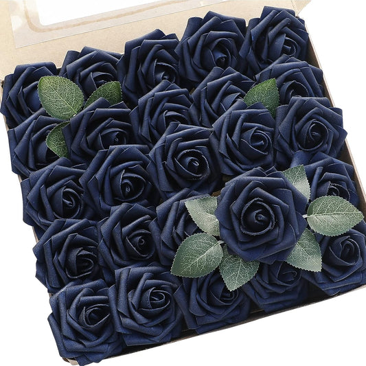 Floroom Artificial Flowers 25pcs Real Looking Navy Blue Foam Fake Roses with Stems for DIY Wedding Bouquets Bridal Shower Centerpieces Party Tables Home Decorations
