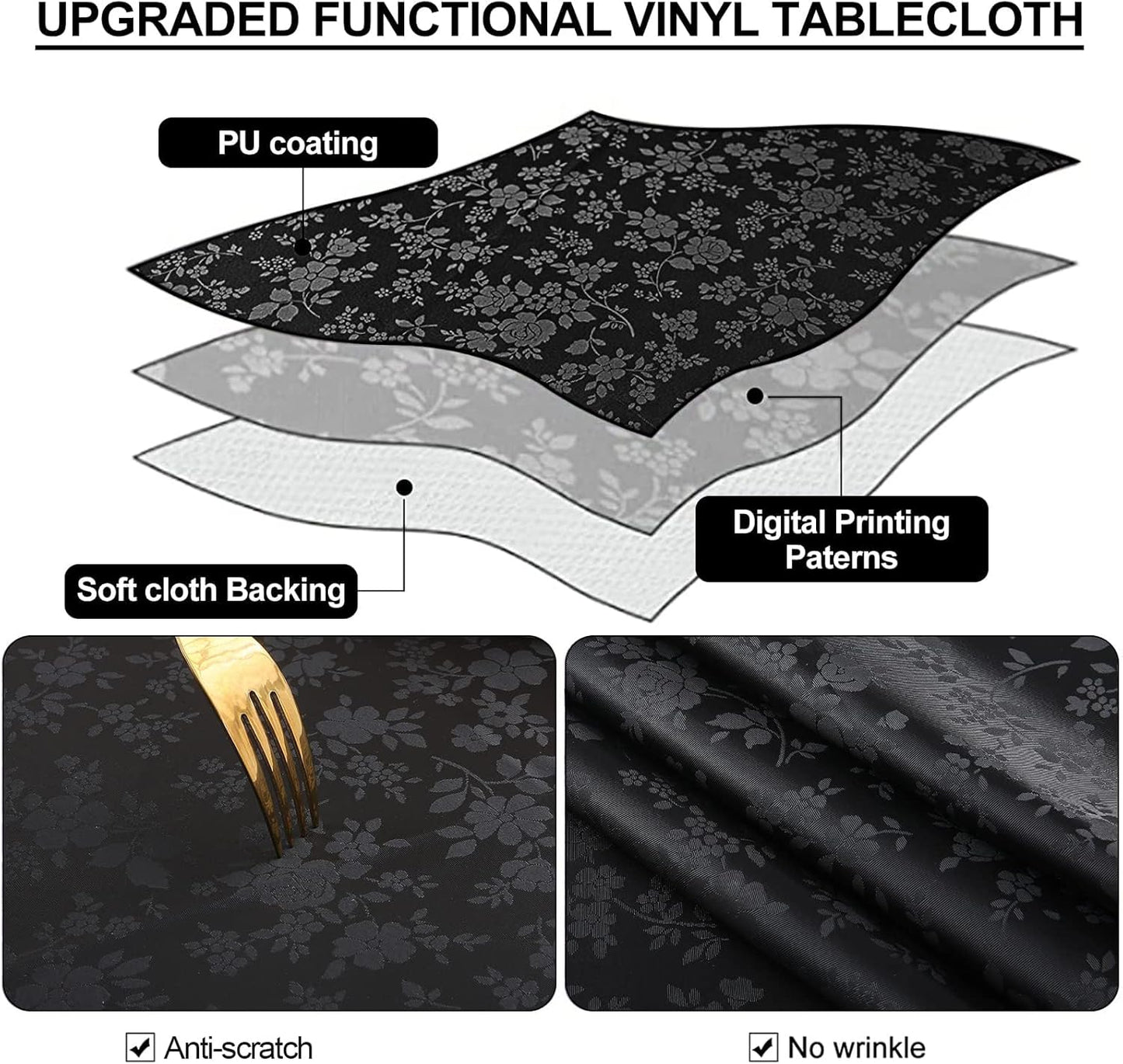 Smiry Rectangle Table Cloth, Waterproof Heavy Duty Vinyl Tablecloths, Wipeable Washable Table Cover for Kitchen and Dining Room (Black, 60" X 120")