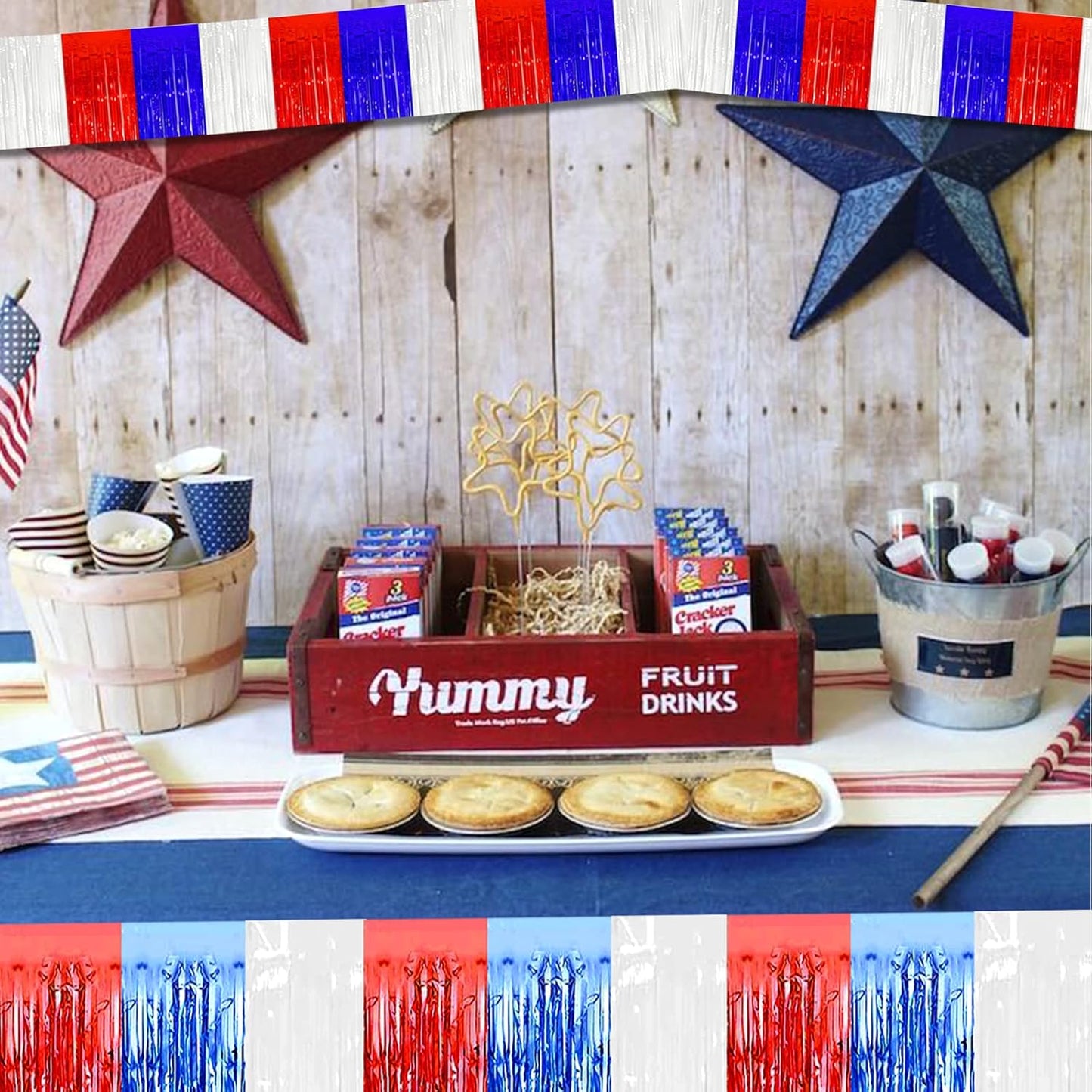 10 Pack 10 Feet Foil Fringe Garland Metallic Tinsel Streamers Banner Wall Hanging Backdrop for Parade Floats, Bachelorette, Wedding, Birthday, Independence Day Party Decorations(Red Blue White)