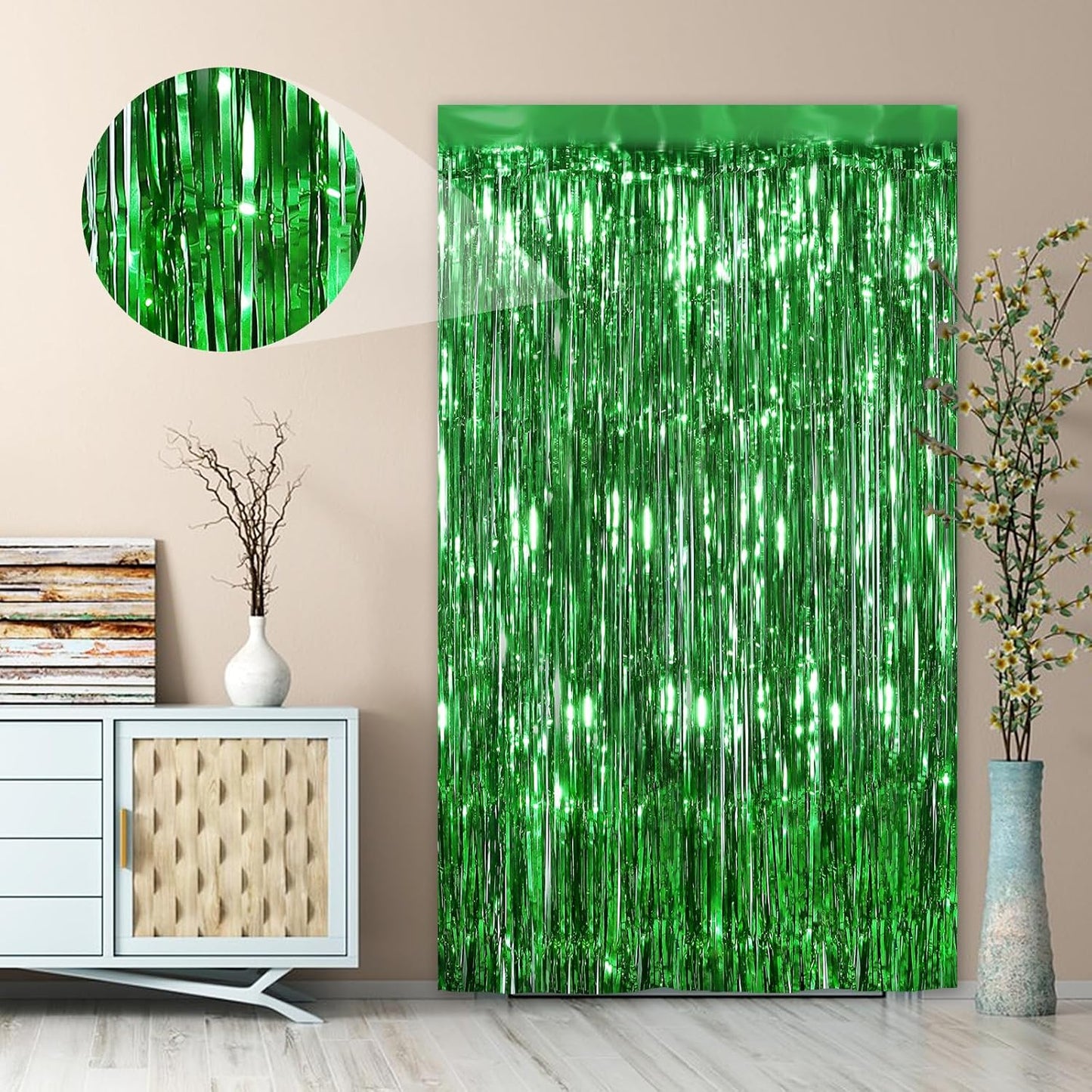 Green Fringe Curtain Party Streamers 2Pack 3.3 x 8.3 Ft Foil Fringe Backdrop Curtains for Birthday Wedding Bridal Baby Shower Holiday Tinsel Streamers Green Party Christmas Decorations Door Streamers