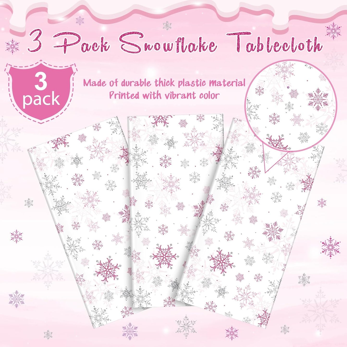 3 Pcs Christmas Snowflake Party Tablecloths Decorations,Plastic Pink Winter Onederland Rectangle Table Cover for Christmas New Year Girls 1st Birthday Baby Shower Holiday Party Decorations,54x108 inch