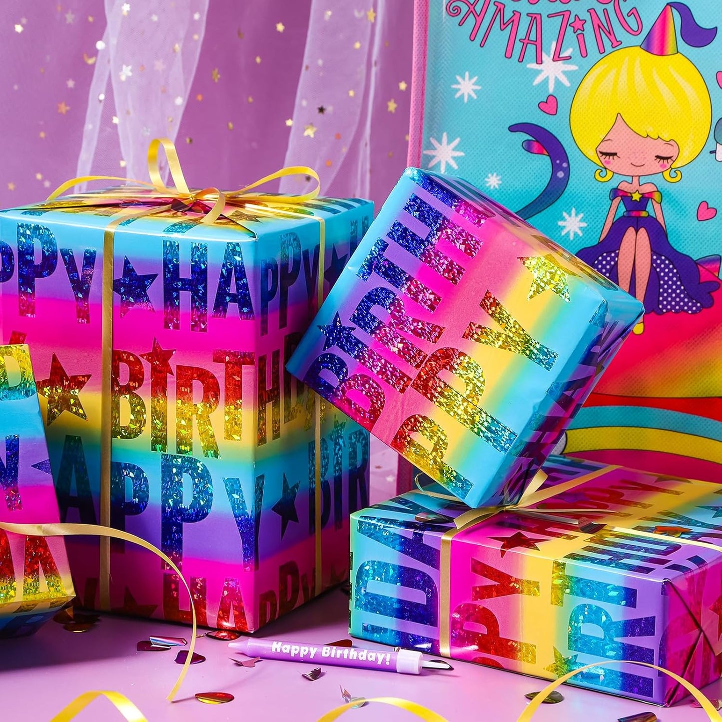 LeZakaa Holographic Birthday Wrapping Paper Roll, Happy Birthday Lettering with Colorful Stars, Rainbow Metallic Foil, with Cut Lines, for Boys Girls, Mini Roll, 17 inches x 32.8 Feet