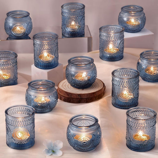 DARJEN 24 Pcs Blue Vintage Candle Holders - Bulk Glass Holders for Party & Wedding Decoration