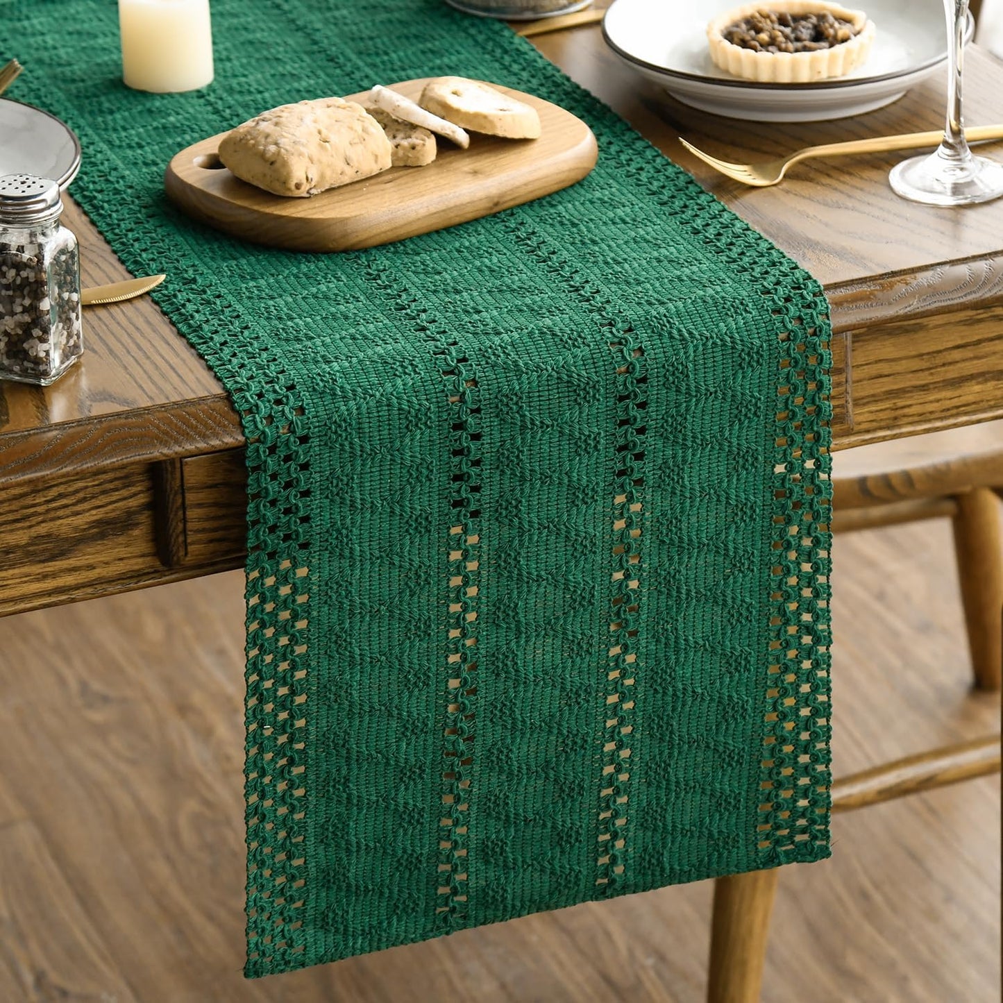 Artoid Mode Dark Green Farmhouse Woven Rustic Hollow Table Runner, Seasonal Holiday Kitchen Dining Table Decoration for Home Party Decor 12x36 Inch